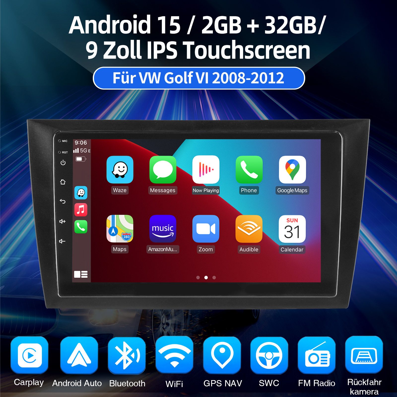 ESSGOO 9" Android 15 Für VW GOLF VI 2008-12 Carplay 64/128G Autoradio WIFI BT Autoradio (RDS, 4+64GB(optional), FM, AM, DAB+ (optional), Carplay Android Auto Bluetooth EQ USB GPS Navi WIFI Touchscreen)