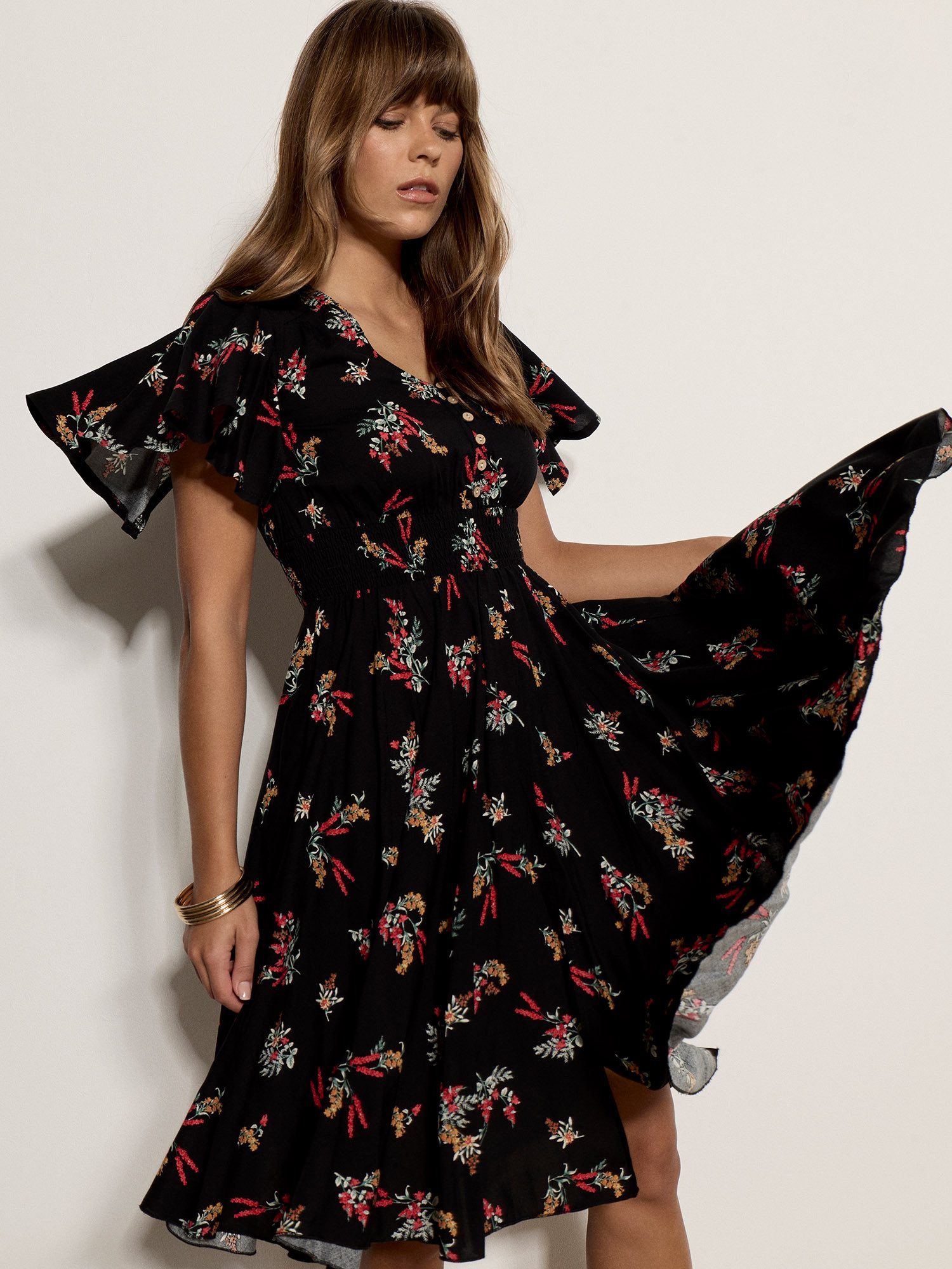 Apricot Midikleid Geblümtes Midi-Kleid mit Smokdetails