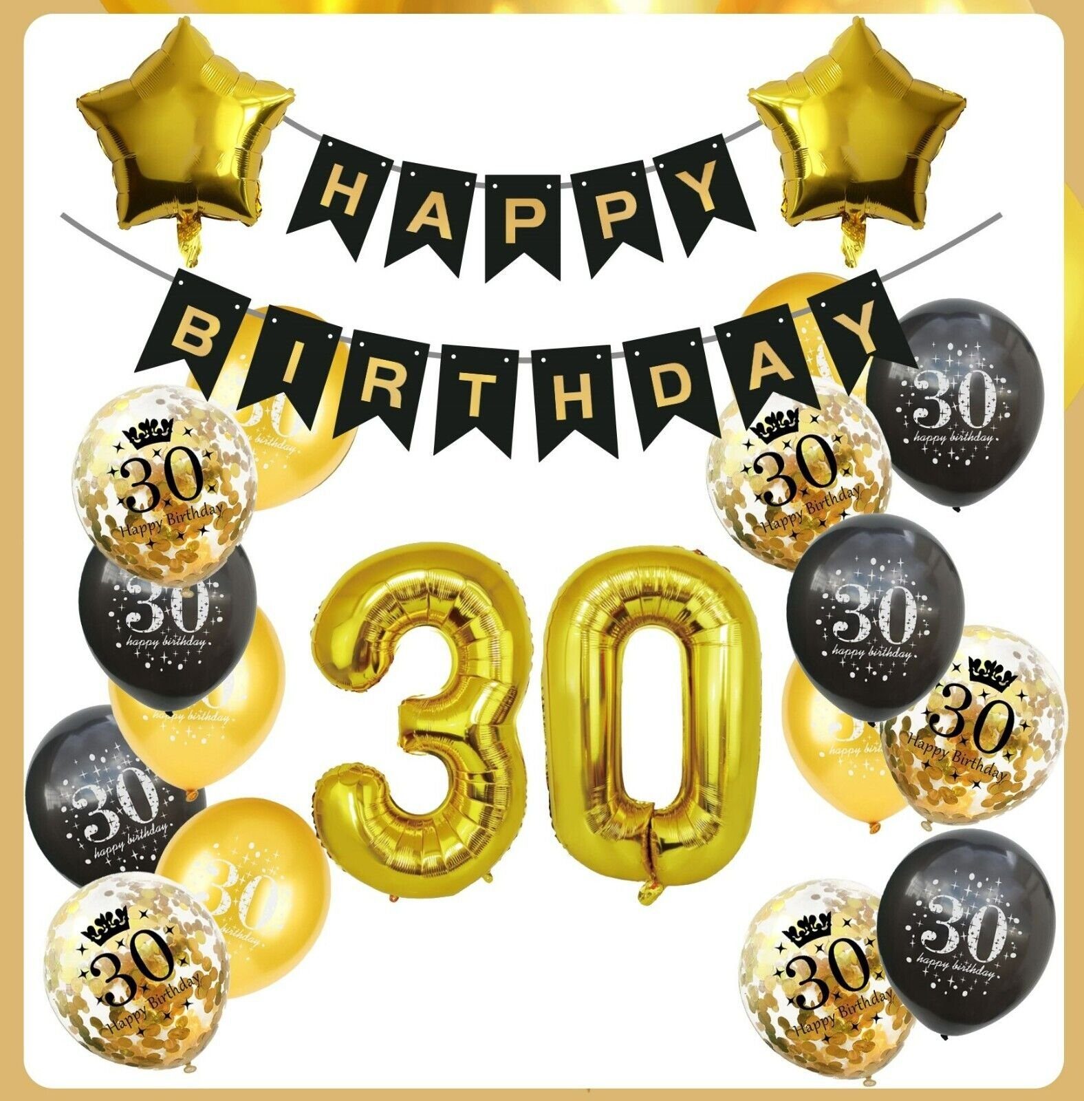 Montegoni Aufblasbares Partyzubehör 30 Geburtstag Deko Set Schwarz Gold, 20  Teilig Set: Girlande, Zahlen, Stern, Konfetti, Latex Ballons