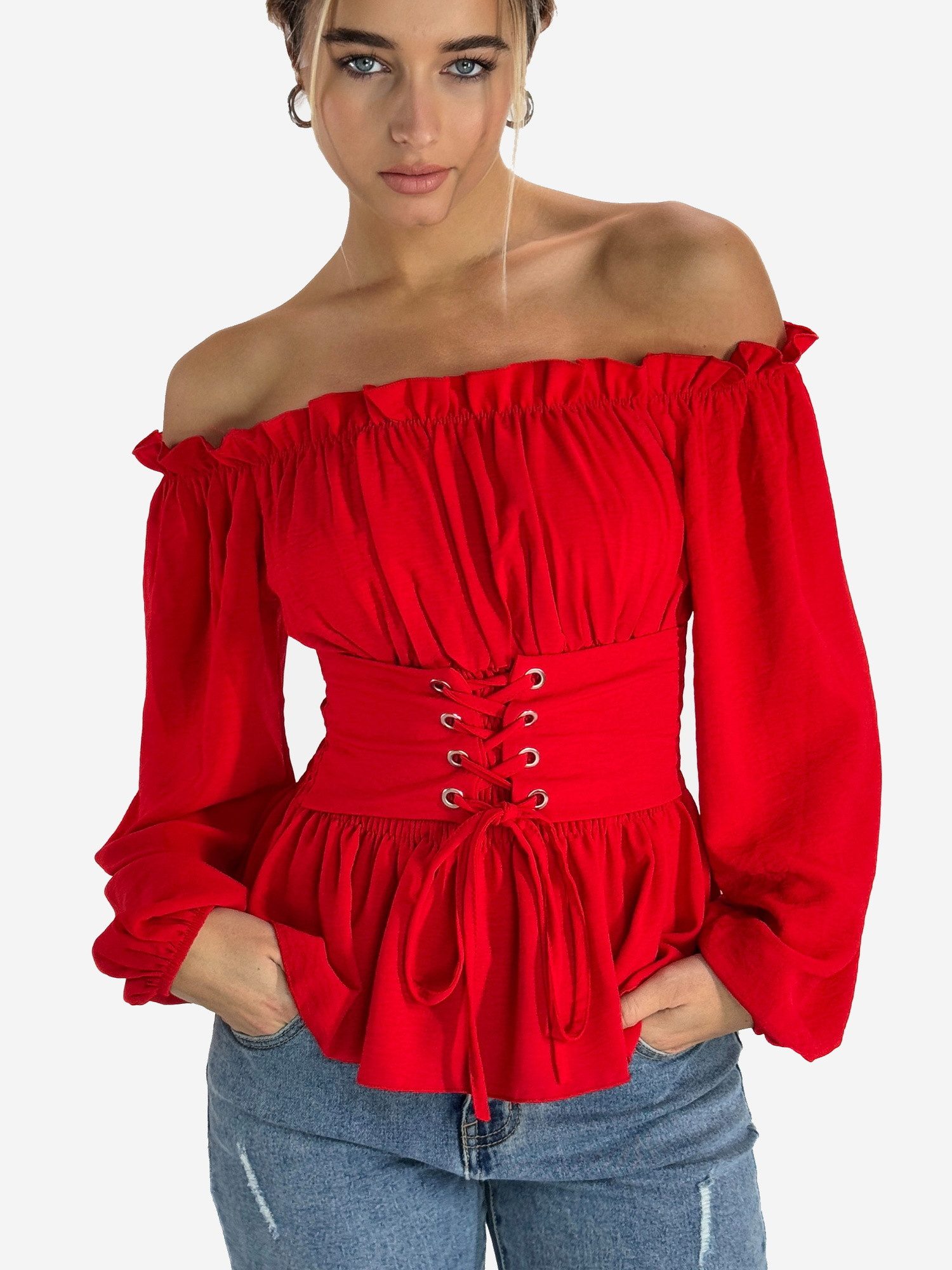 Elara Blusentop Damen Carmenbluse mit Schnürung, Smokbund und Ballonärmeln