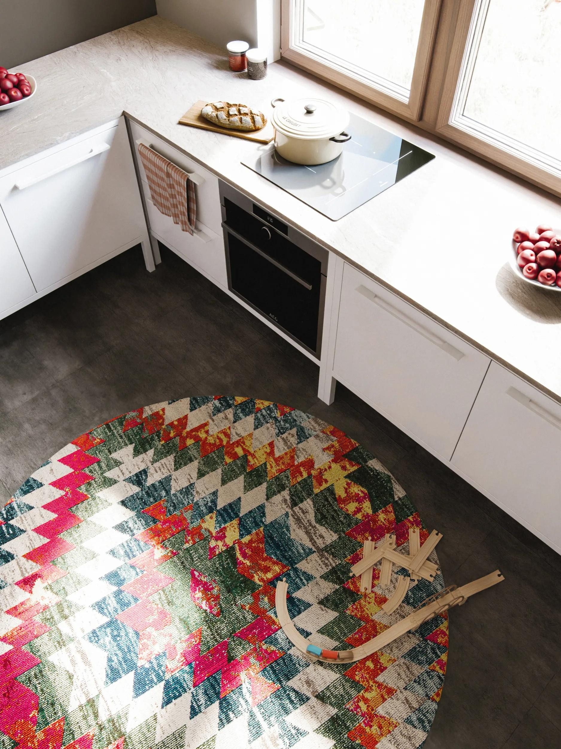 benuta Teppich Casa, rund, Höhe: 11 mm, Teppich Wohnzimmer, Esszimmer, Schlafzimmer, Flur, Farbenfroh, Retro