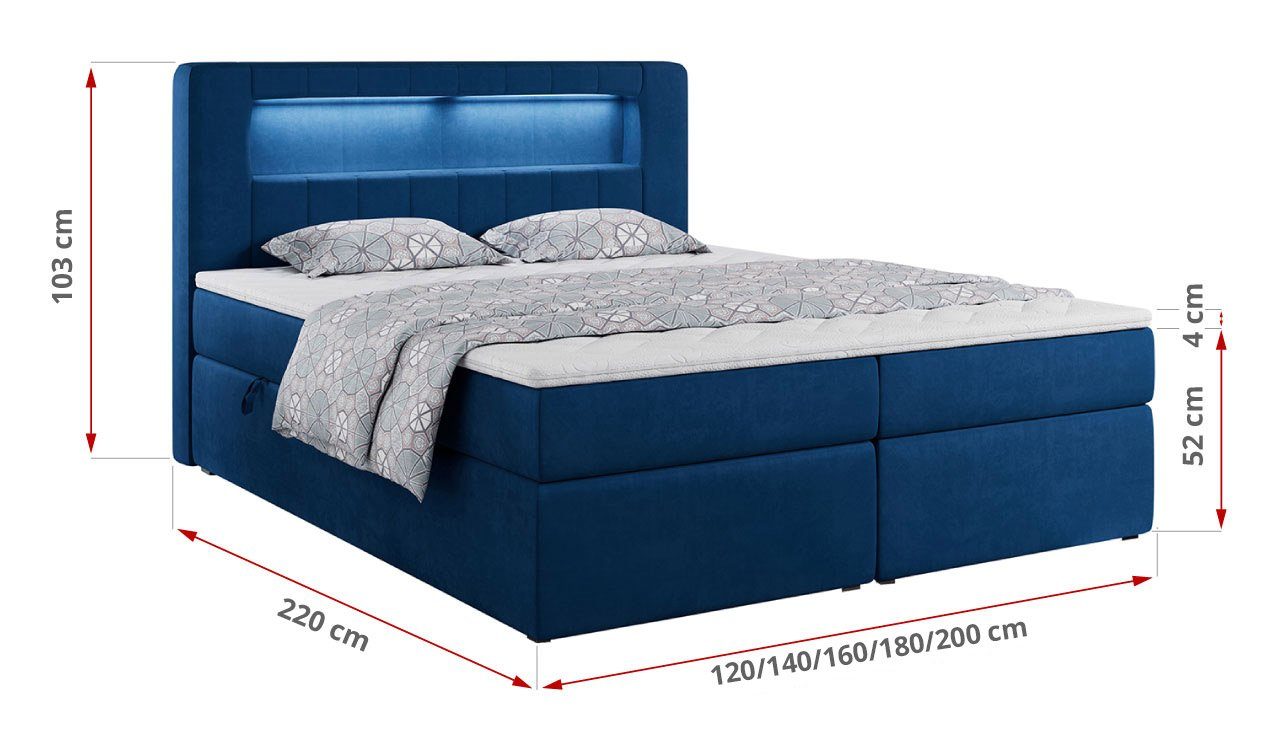 mit Boxspringbett MÖBEL Bettkasten LED GOLD5, Kopfteil Polsterbett mit Doppelbett MKS -