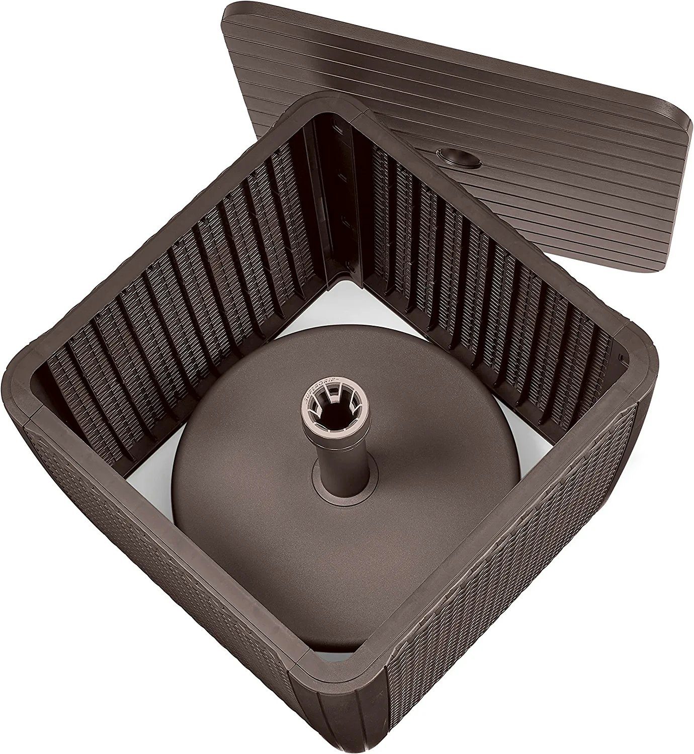 Keter Gartenbox Schirmständer Abdeckung/ Beistelltisch für Sonnenschirmsockel "Jade", robustes und pflegeleichtes Polyrattan aus 100% recyceltem Kunststoff