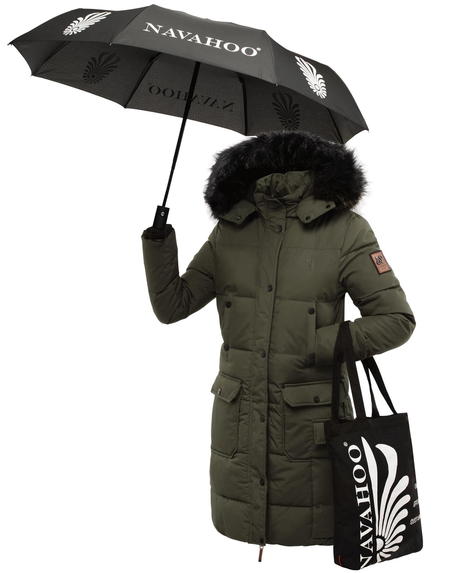 Einkaufstasche Parka inkl. Damen grau Cosimaa Regenschirm und Navahoo Wintermantel Warmer