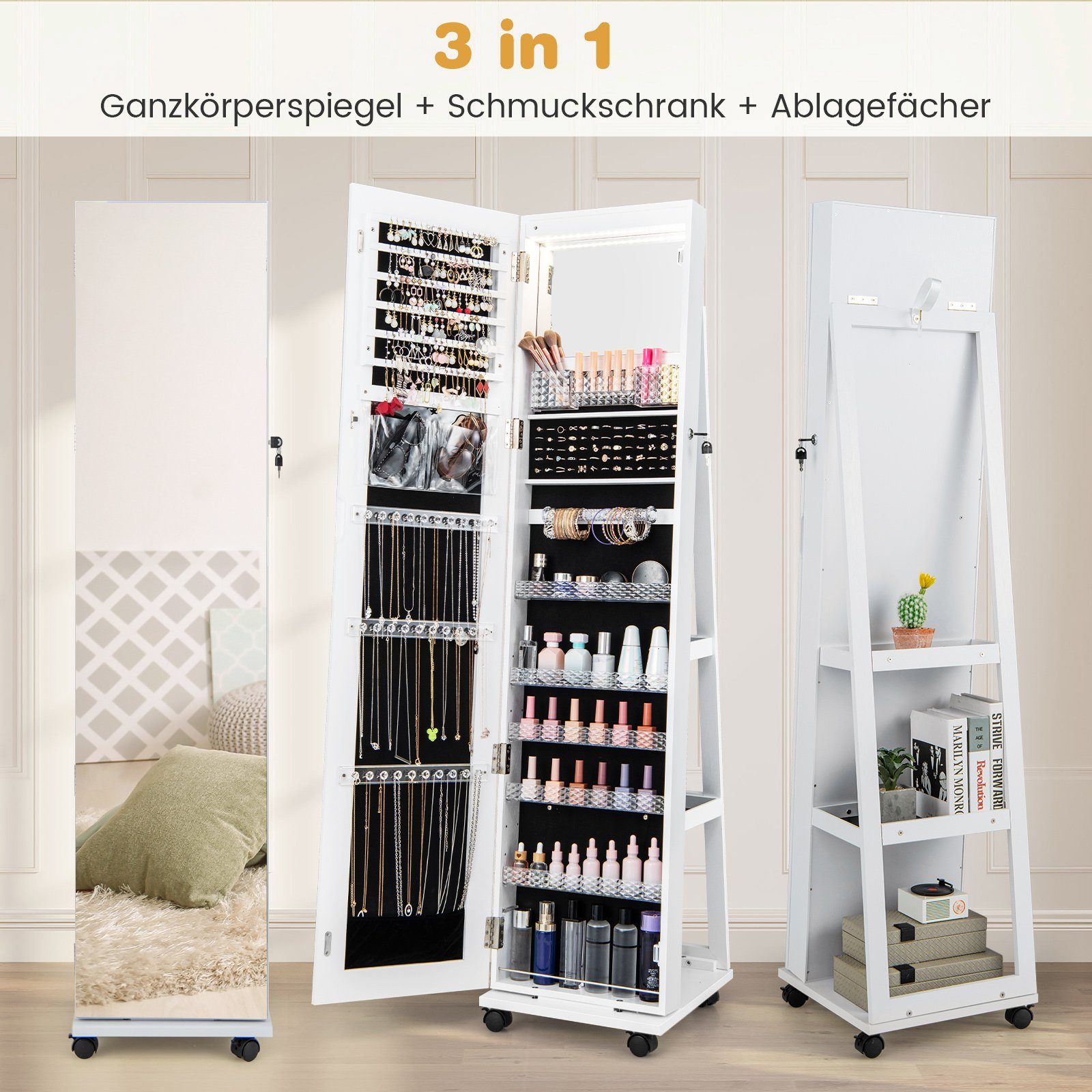 COSTWAY Schmuckschrank mit Spiegel & LED, günstig online kaufen