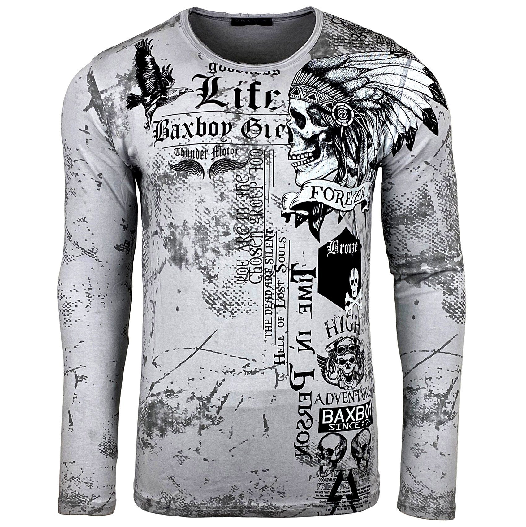 Baxboy Longshirt Back Plakativer Longsleeve Herren & 708 Front All Over Print Grau Baxboy