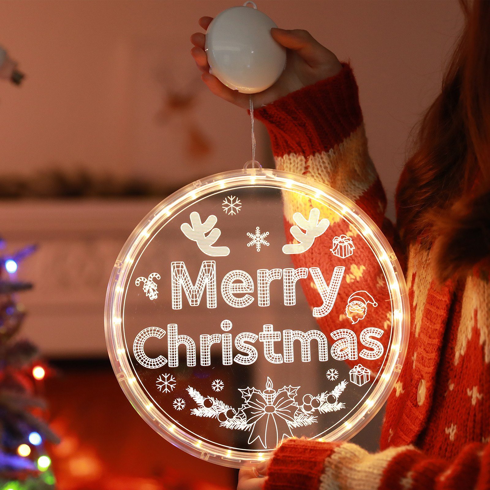 Rosnek LED Dekolicht 3D-Effekt, Batterie, hängende Lichter für Schlafzimmer  Fenster, Warmes Weiß, Frohe Weihnachten, Weihnachtsbaum Deko