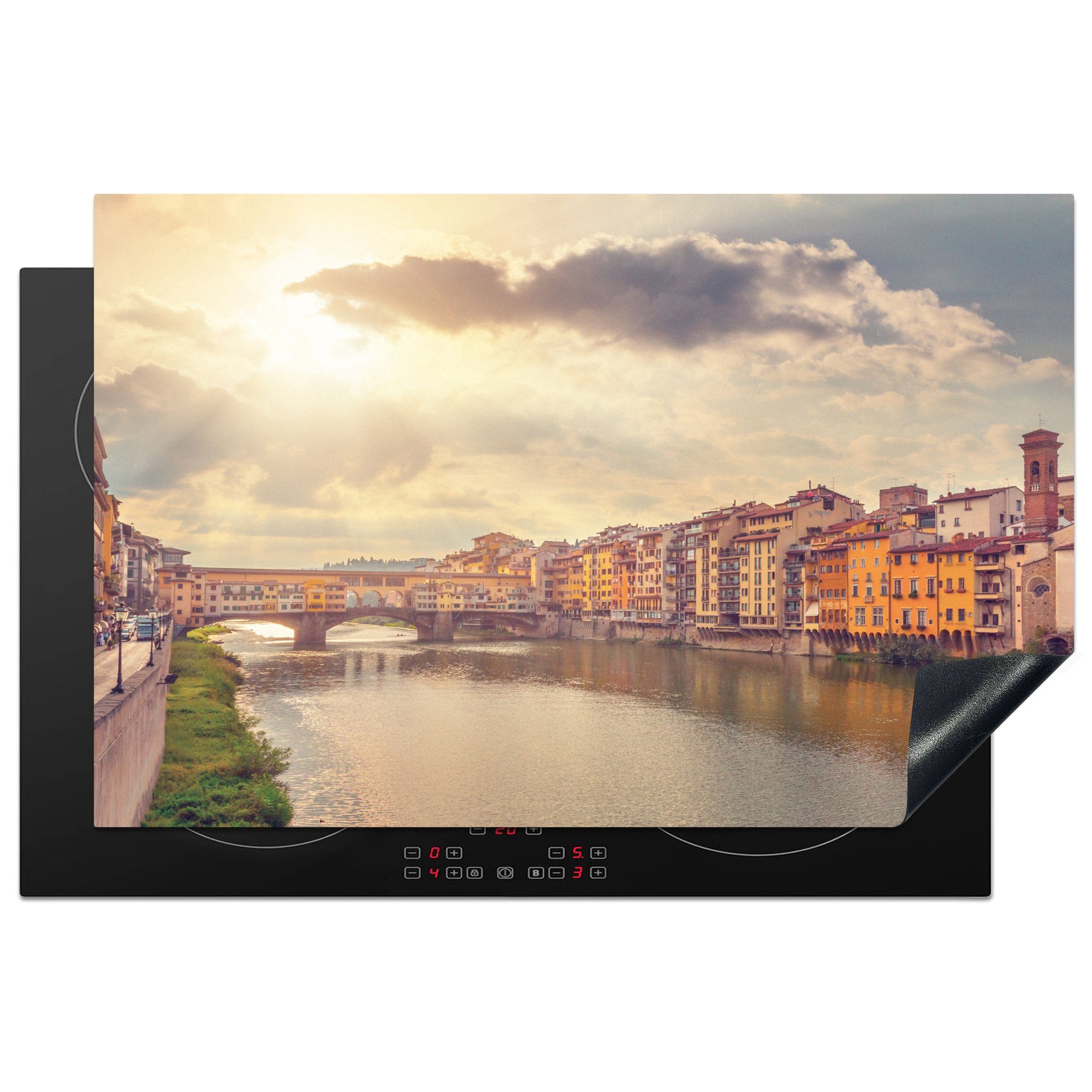 MuchoWow Herdblende-/Abdeckplatte Sonnenstrahlen über der Ponte Vecchio in Italien, Vinyl, (1 tlg), 81x52 cm, Induktionskochfeld Schutz für die küche, Ceranfeldabdeckung