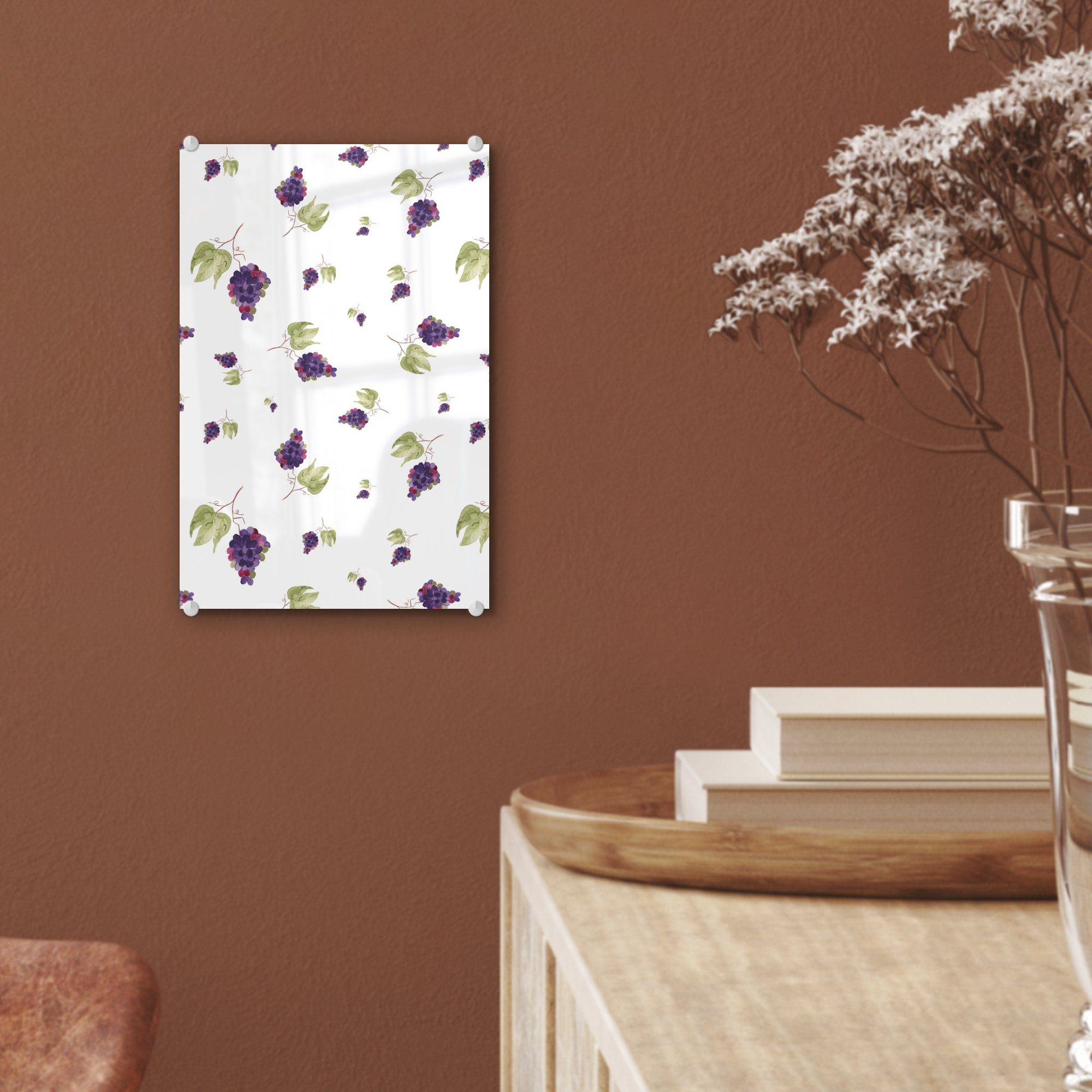 - Schablonen, auf - - St), Acrylglasbild Blätter auf Wanddekoration Weintrauben MuchoWow Bilder (1 Wandbild Glas Glas - Foto - Glasbilder