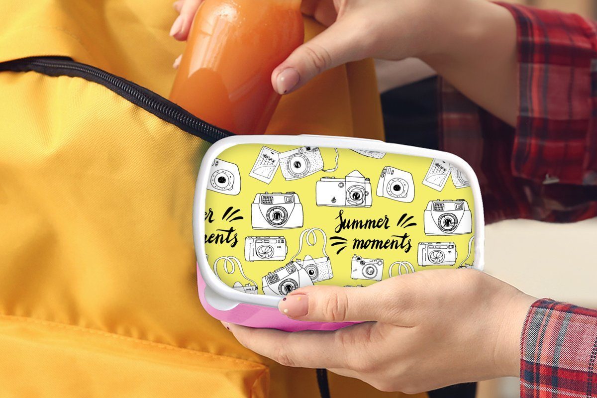 MuchoWow Lunchbox Kamera - Kinder, Kunststoff, Brotbox Mädchen, Kunststoff Snackbox, Zitate - Muster, Erwachsene, Brotdose (2-tlg), Sommer rosa - für