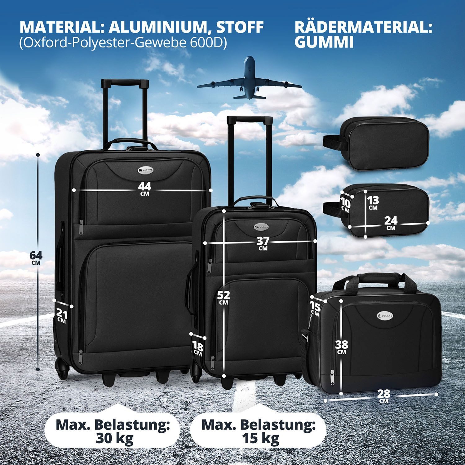 Juskys Trolleyset Athen, 2 Rollen, (5-teilig), 2 Trolley, 1 Umhängetasche, 2 Kosmetiktaschen