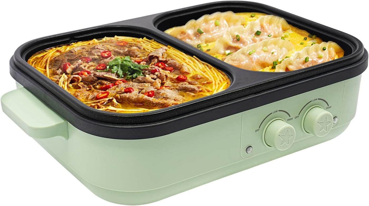FELIXLEO Reiskocher 1300W Elektrischer Kochtopf 2 in 1 Hot Pot Grill 1L 0,2L Familien