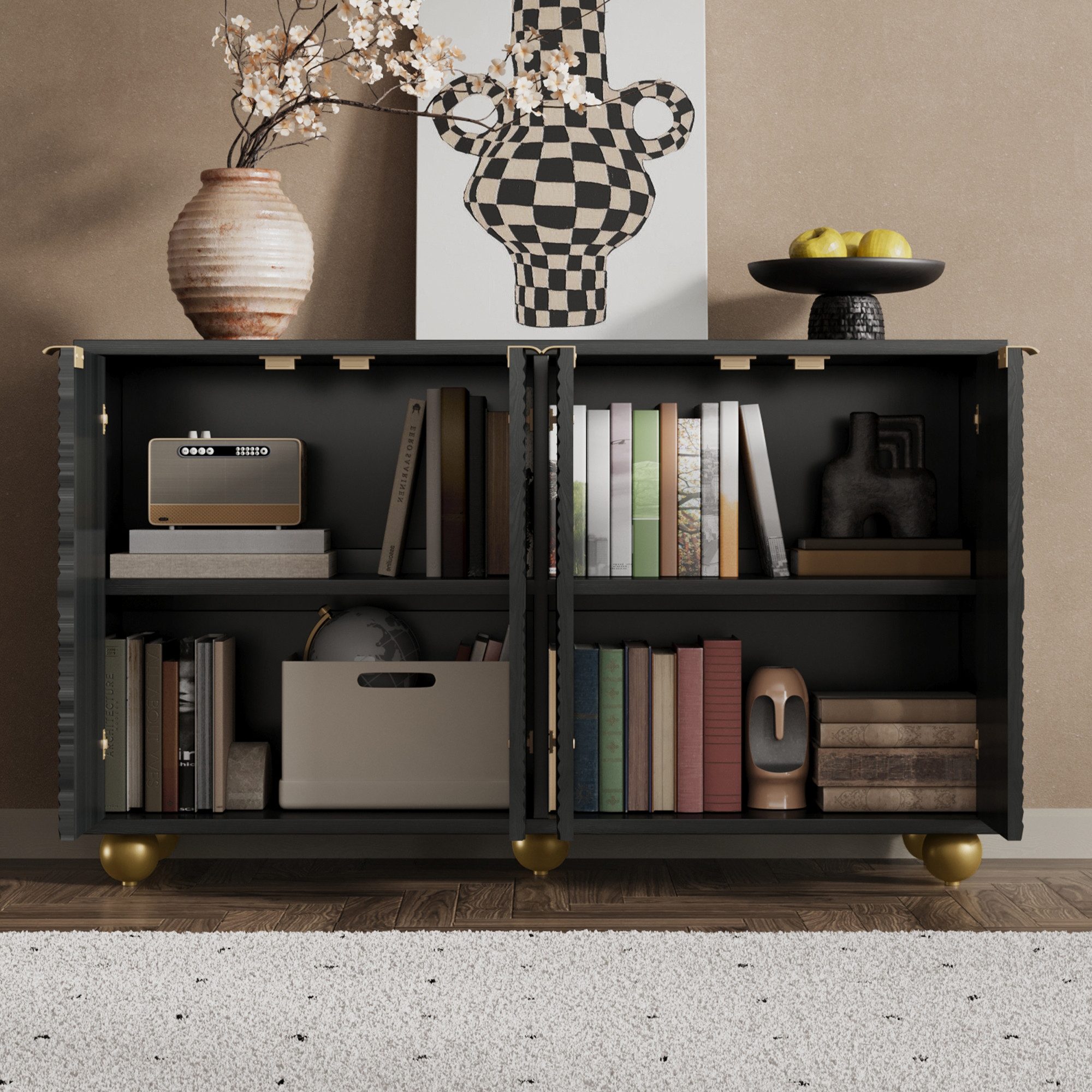 Merax Sideboard mit goldenen Metallgriffen & Kugelfüßen (120 x 35 x 71,5 cm, 1 St), Kommode mit 4 Türen,verstellbaren Einlegeböden, goldenen Metallgriffen – Bild 2 von 5