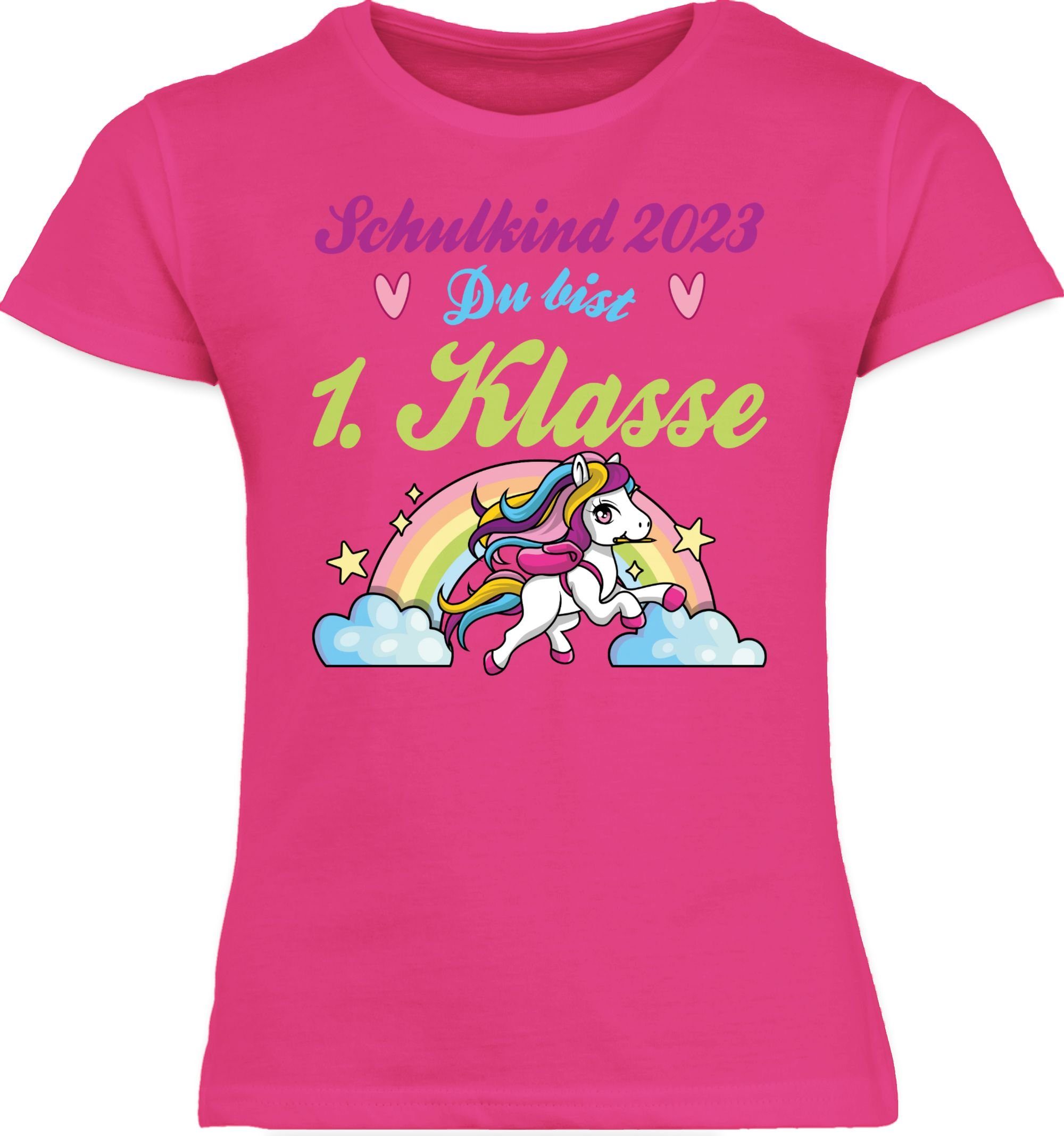 Shirtracer T-Shirt Schulkind 2023 - du bist 1. Klasse Pferd und Regenbogen Einschulung Mädchen 1 Fuchsia