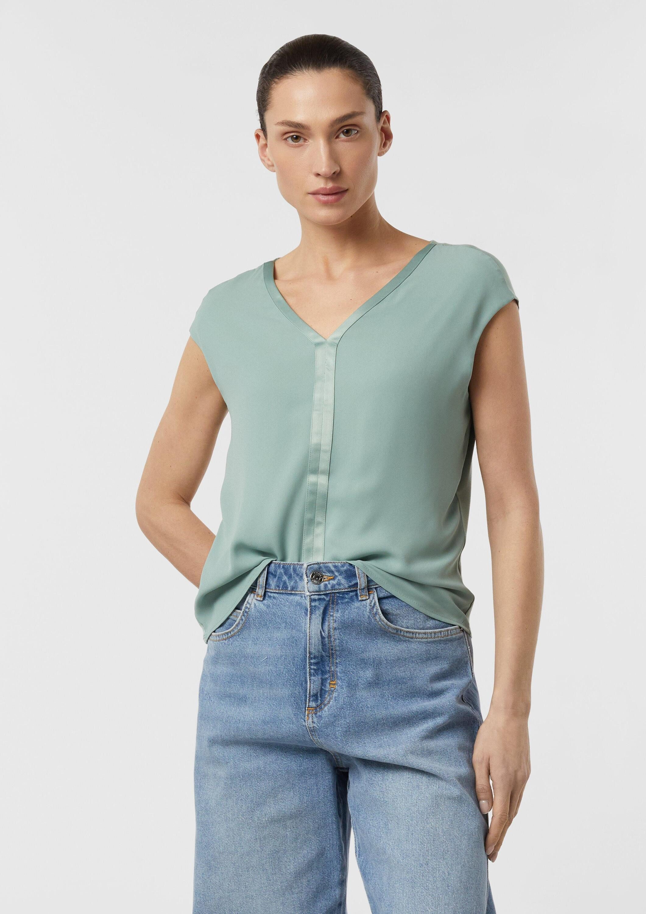 comma Kurzarmshirt T-Shirt Blusenshirt im Fabricmix mit Satinkante