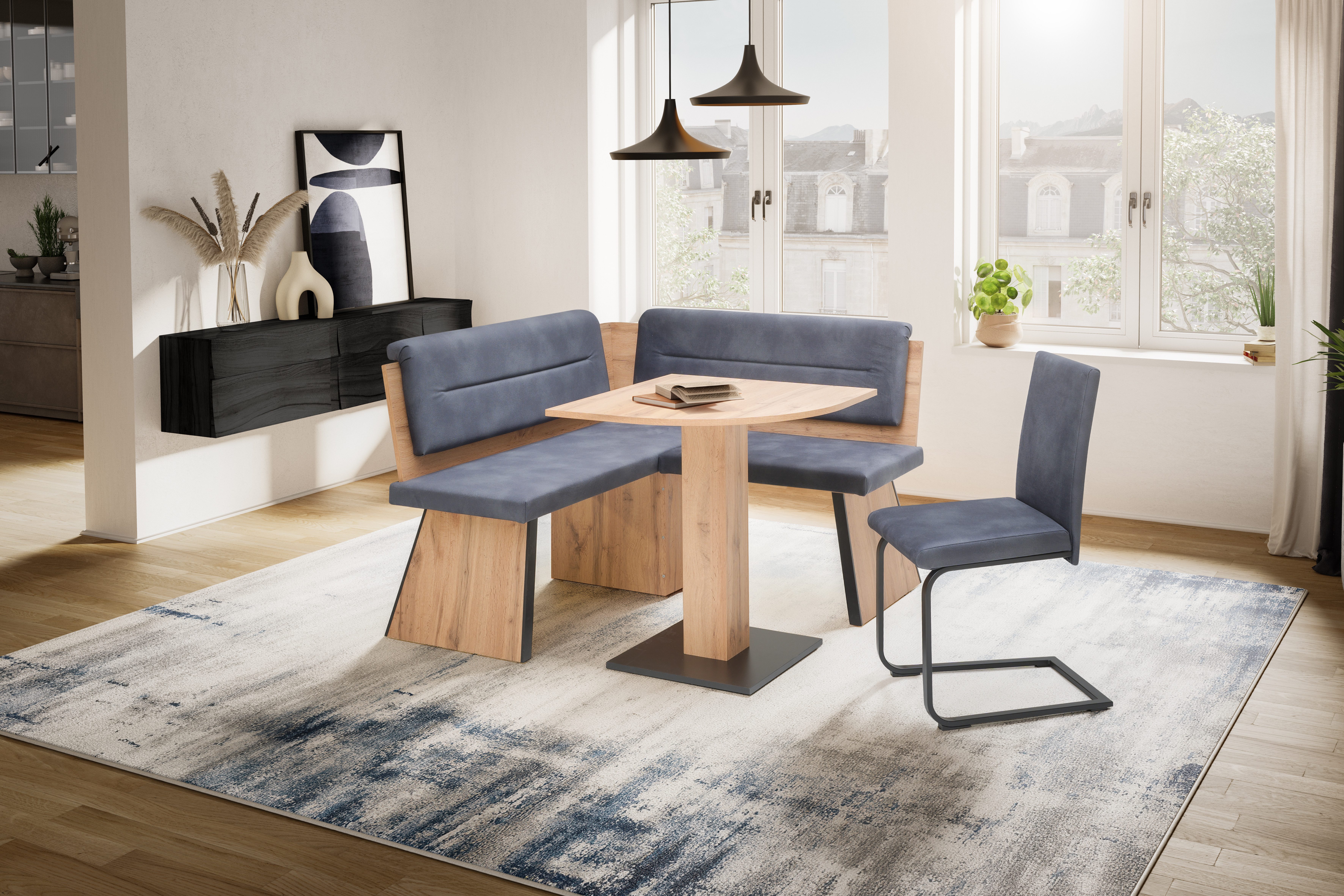 massivline&more Eckbankgruppe Treviso, (3-tlg), besteht aus Tisch, Eckbank, Freischwinger