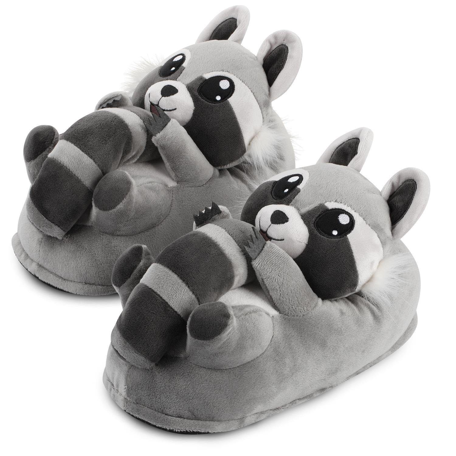 Corimori Tier Pantoffeln für Erwachsene Einheitsgröße 34-44 Plüsch Hausschuhe (Packung, Geschenk) EU Einheitsgröße 34-44, Waschbär Lina, für Kinder und Erwachsene