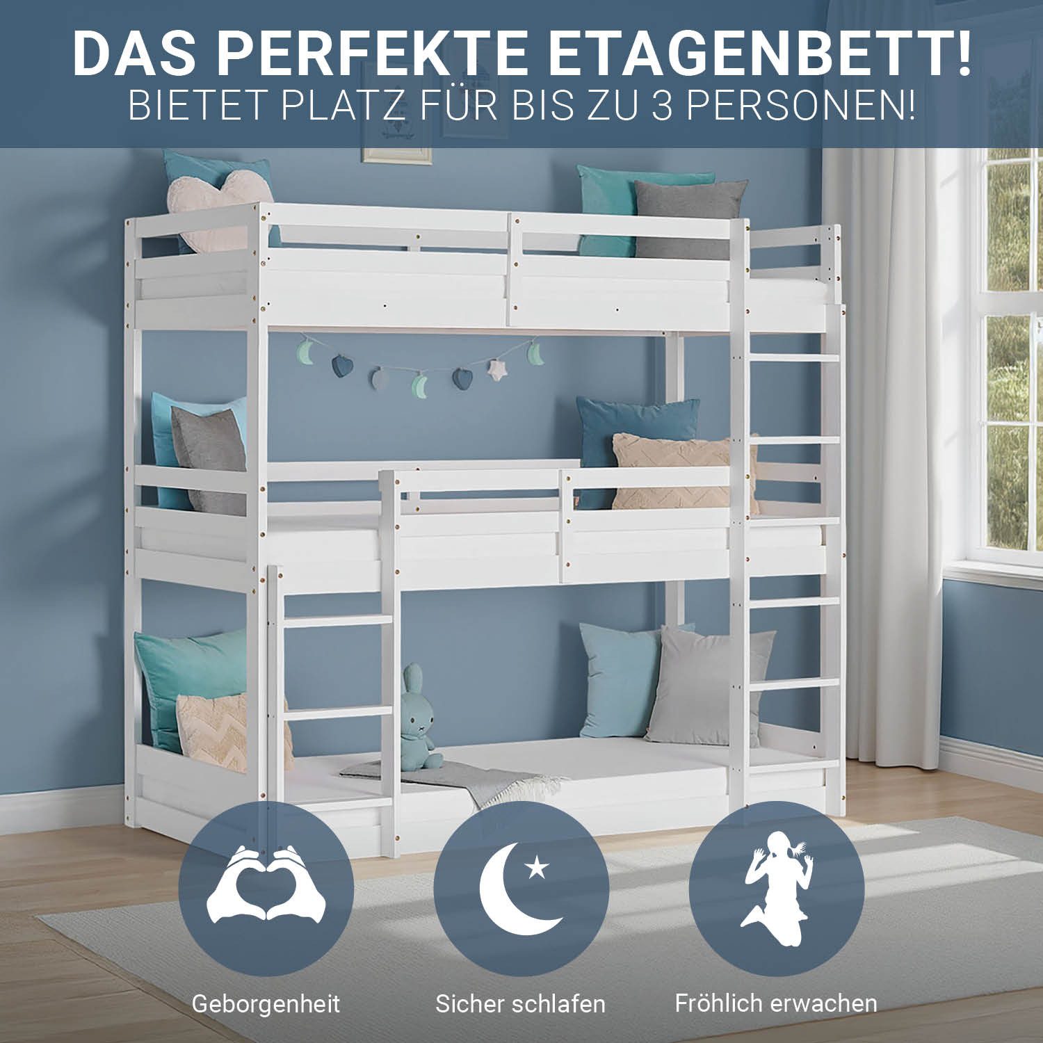 Homestyle4u Etagenbett 90x200 Hochbett Kinderbett Doppelstockbett Weiß Treppe 2 3 Kinder (Set, mit Lattenrost), 2 Meter hoch, mit 2 Leitern, Rausfallschutz