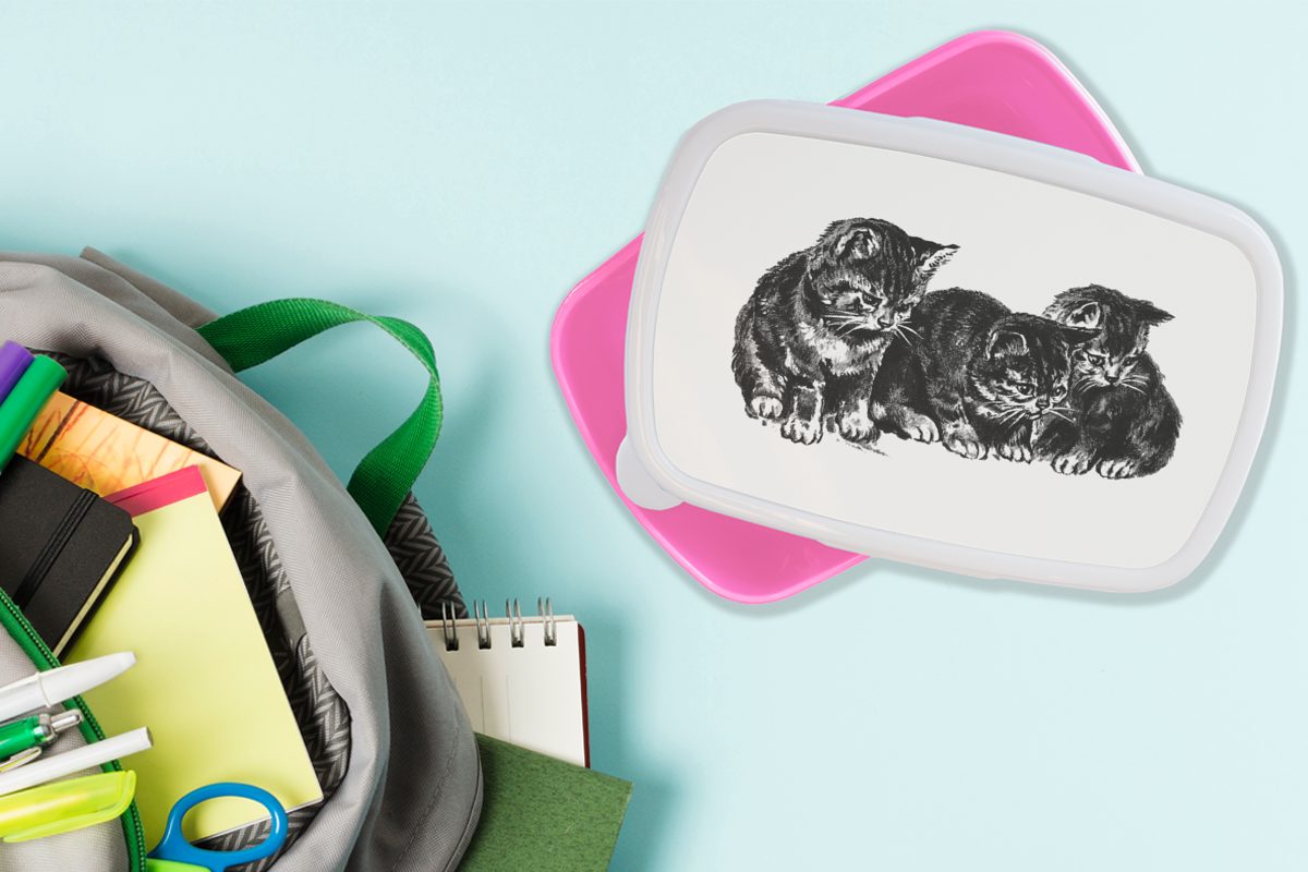 Kunststoff, - Retro Kinder, Brotdose Mädchen, MuchoWow Brotbox für Erwachsene, Snackbox, Kunststoff rosa (2-tlg), Lunchbox Tiere, - Katze