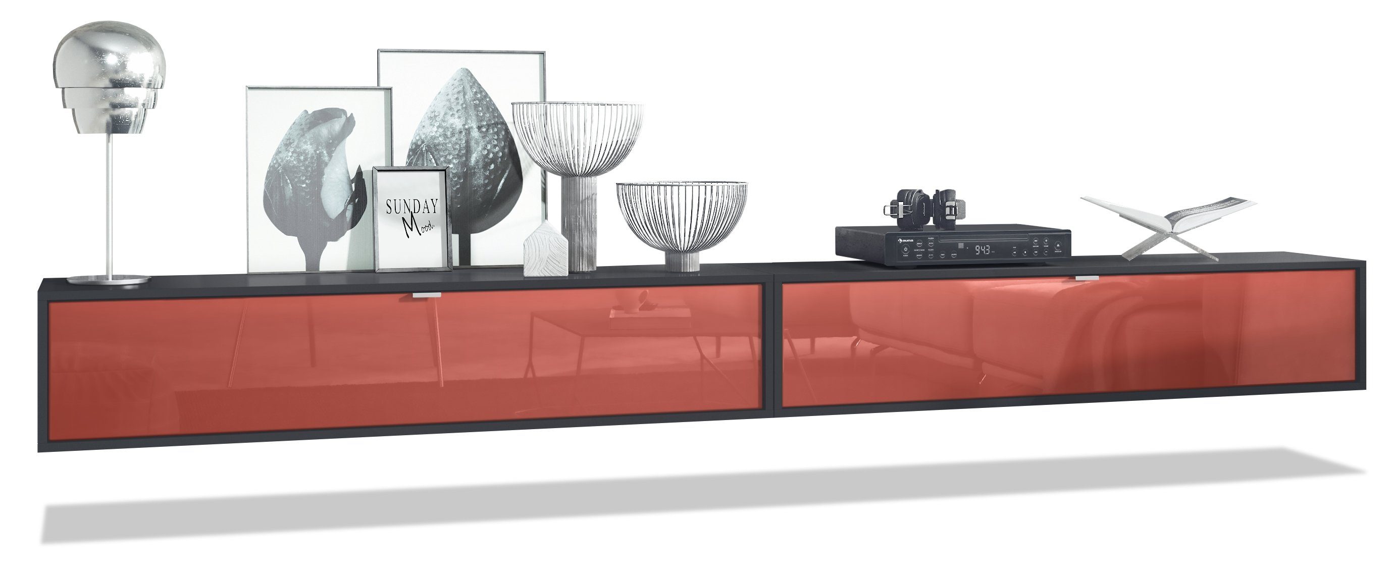 Vladon Lowboard Lana 1400 (2er-Set Tv-Kommode, mit Klappe dahinter 3 Fächer), Schwarz matt/Bordeaux Hochglanz (140 x 29 x 37 cm)