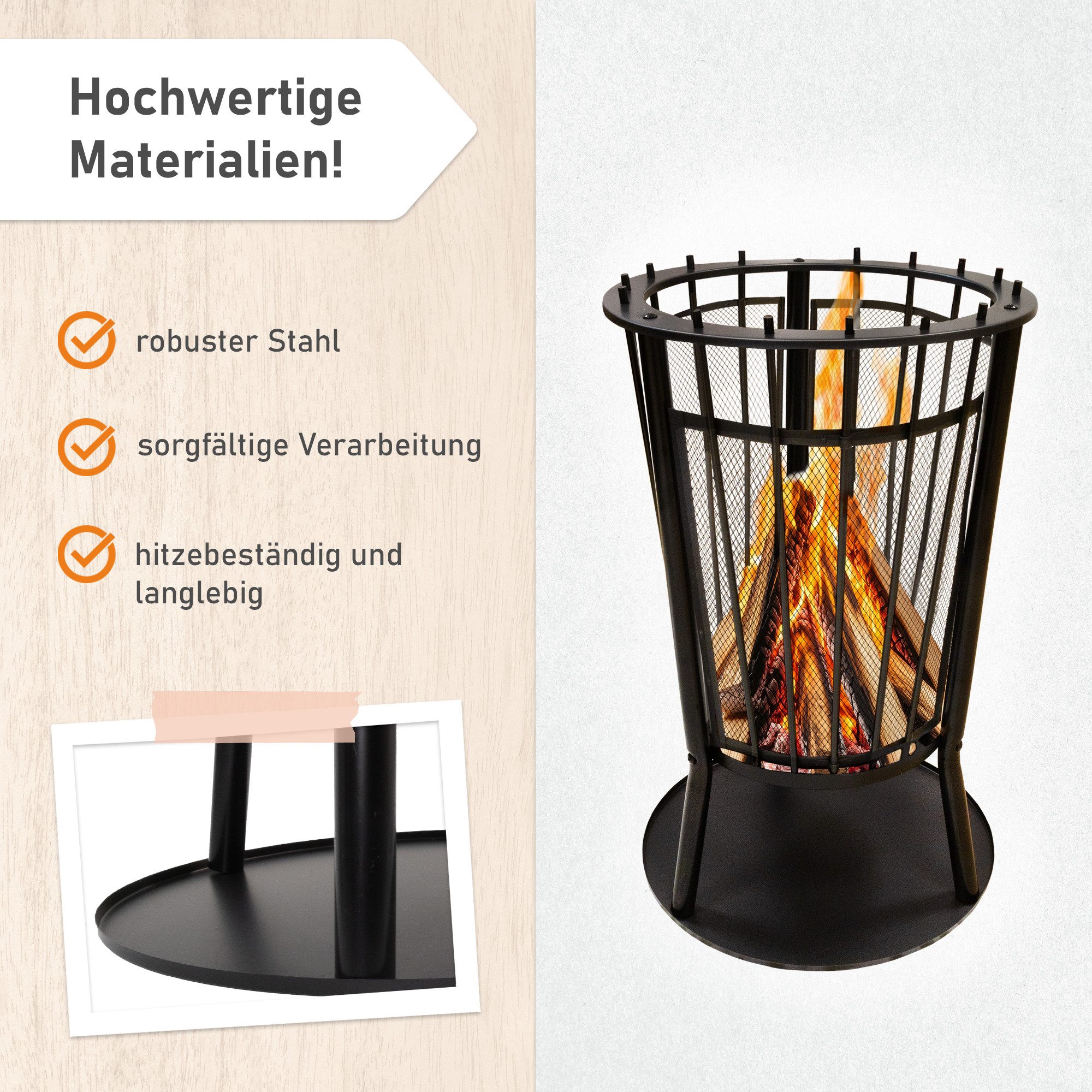 Lemodo Feuerkorb mit Grillgitter, Robuste Feuerschale H: 68cm mit Funkenschutz, LxBxH:40x40x65, Stahl, mit Grillrost