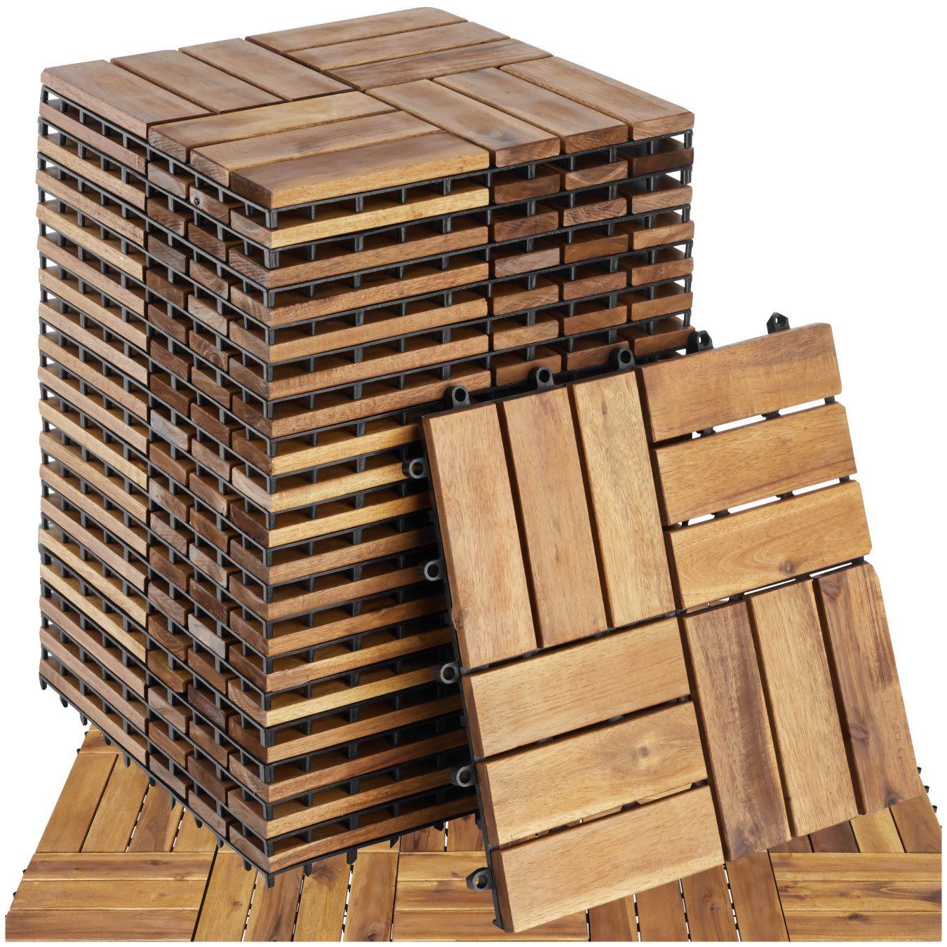 tectake Terrassendielen Terrassenfliesen 20er Set mit Klicksystem, 31 x 31 x 2,2 cm, 1,922 m², BxL: je 31,00x31,00 cm, (Terrassenplatten Außenbereich Tabula, 20-St., in braun), massives Akazienholz, mit Drainage, wetterfest