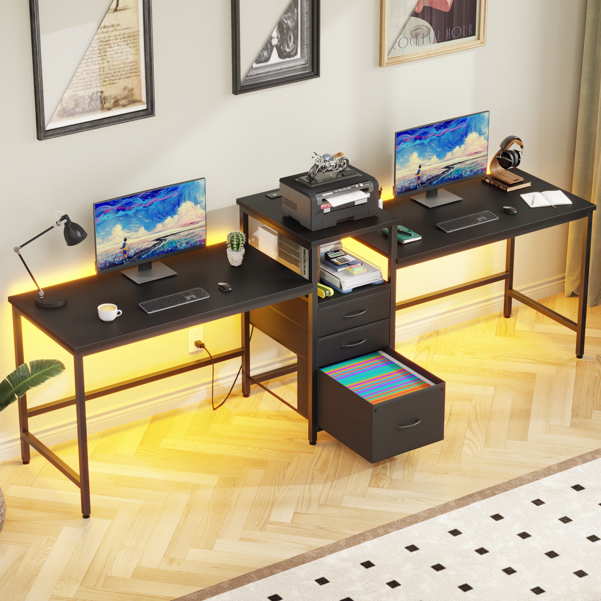 Doppelschreibtisch mit LED-Beleuchtung, 3 Stoffschubladen, Computertisch, OTTO’S CHOICE