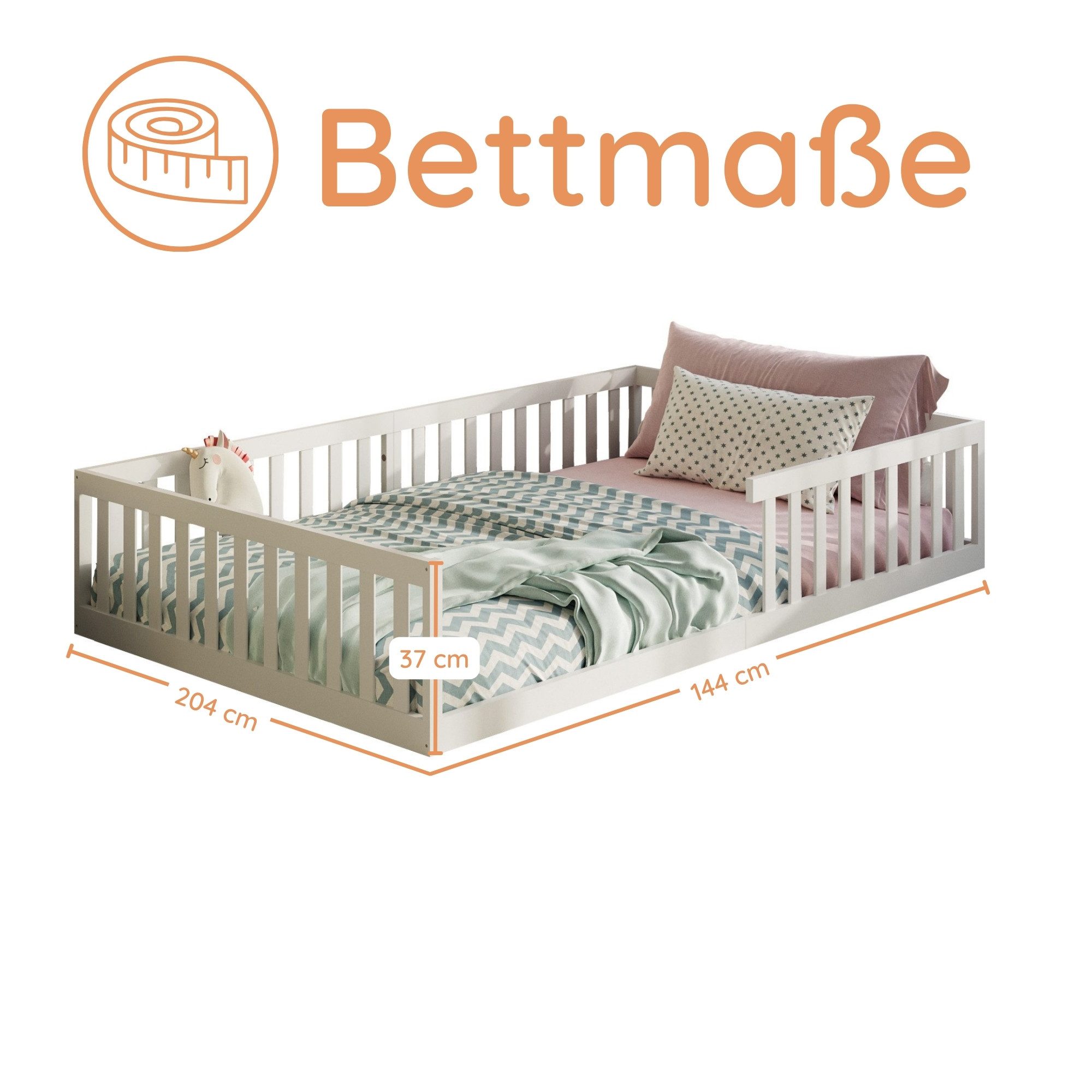 Kids Collective Kinderbett Bodenbett Bett mit Rausfallschutz & Lattenrost Montessori Bett Kinder (weitere Größen, 90x200, 120x200 cm), Jugendbett Einzelbett optional mit Matratze, weiß Kiefer 140x200 cm