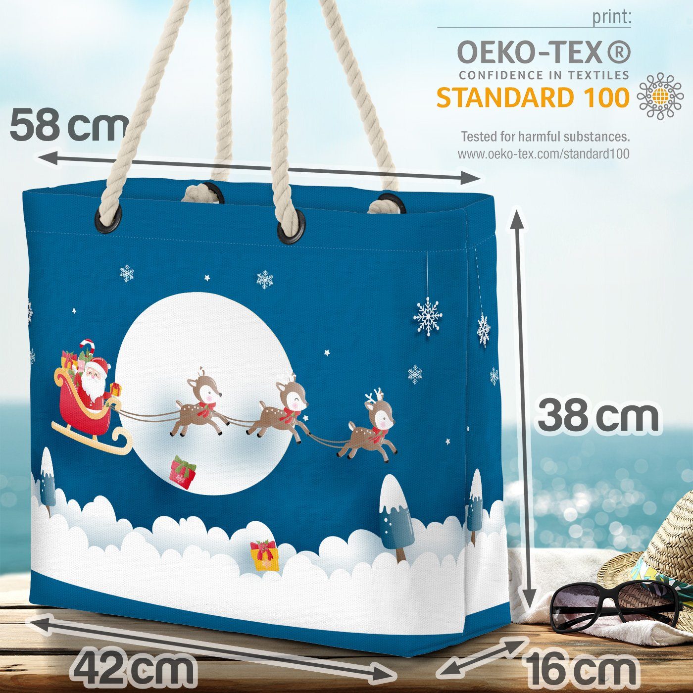 VOID Strandtasche (1-tlg), Weihnachtsmann Schlitten Sc Rentiere Bag Weihnachtsmann Beach Nikolaus Rentiere