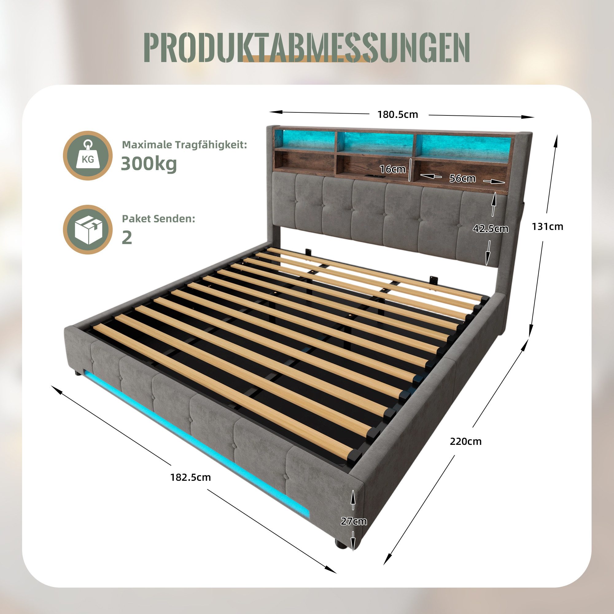 TavilaEcon Polsterbett 180×200 cm & weitere Größen mit Bettkasten und USB-C-Anschluss (1-tlg), mit Hydraulikfunktion & Samtbezug, 180×200cm, grau – Bild 4 von 5