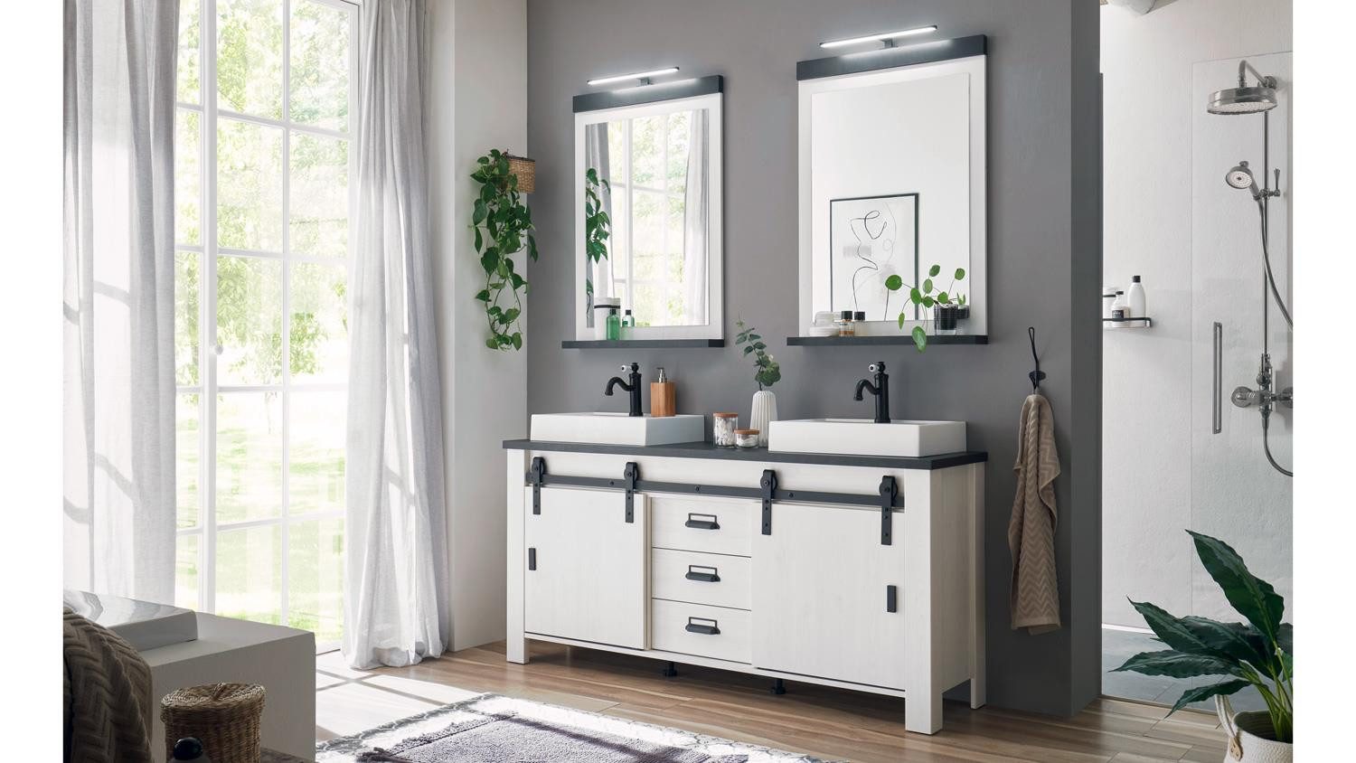 IMV Badezimmer-Set Badset Sherwood B2 Pinie weiß anthrazit Becken 164 cm, (3-St)