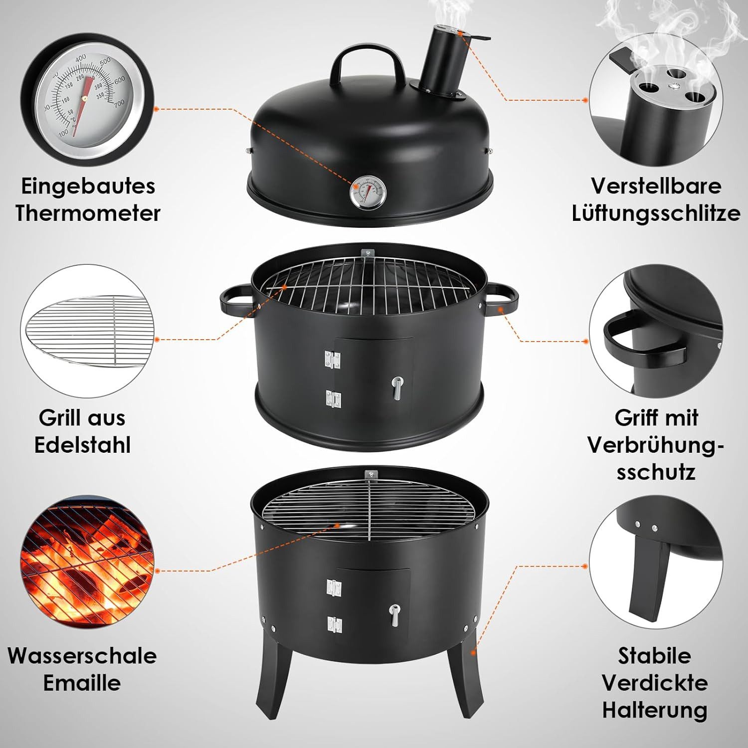 TLGREEN Smoker Räucherofen, 3 in 1 Smoker Grill, Holzkohlegrill, Räuchertonne Räuchergrill Watersmoker, Ø44,5x80 cm