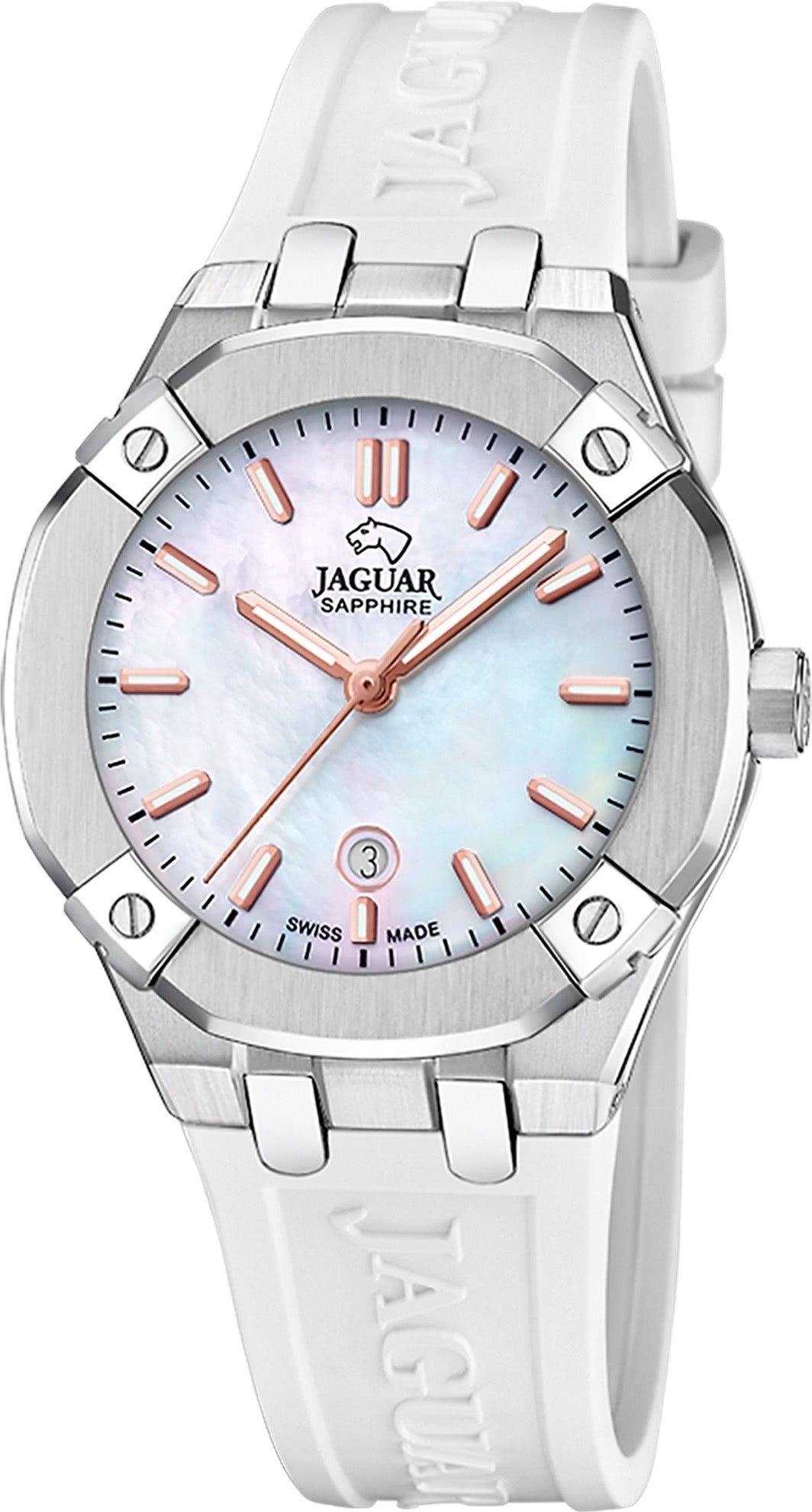 JAGUAR Quarzuhr Jaguar Damenuhr Silikon weiß Jaguar, (Analoguhr), Damen Armbanduhr rund, Silikonarmband weiß