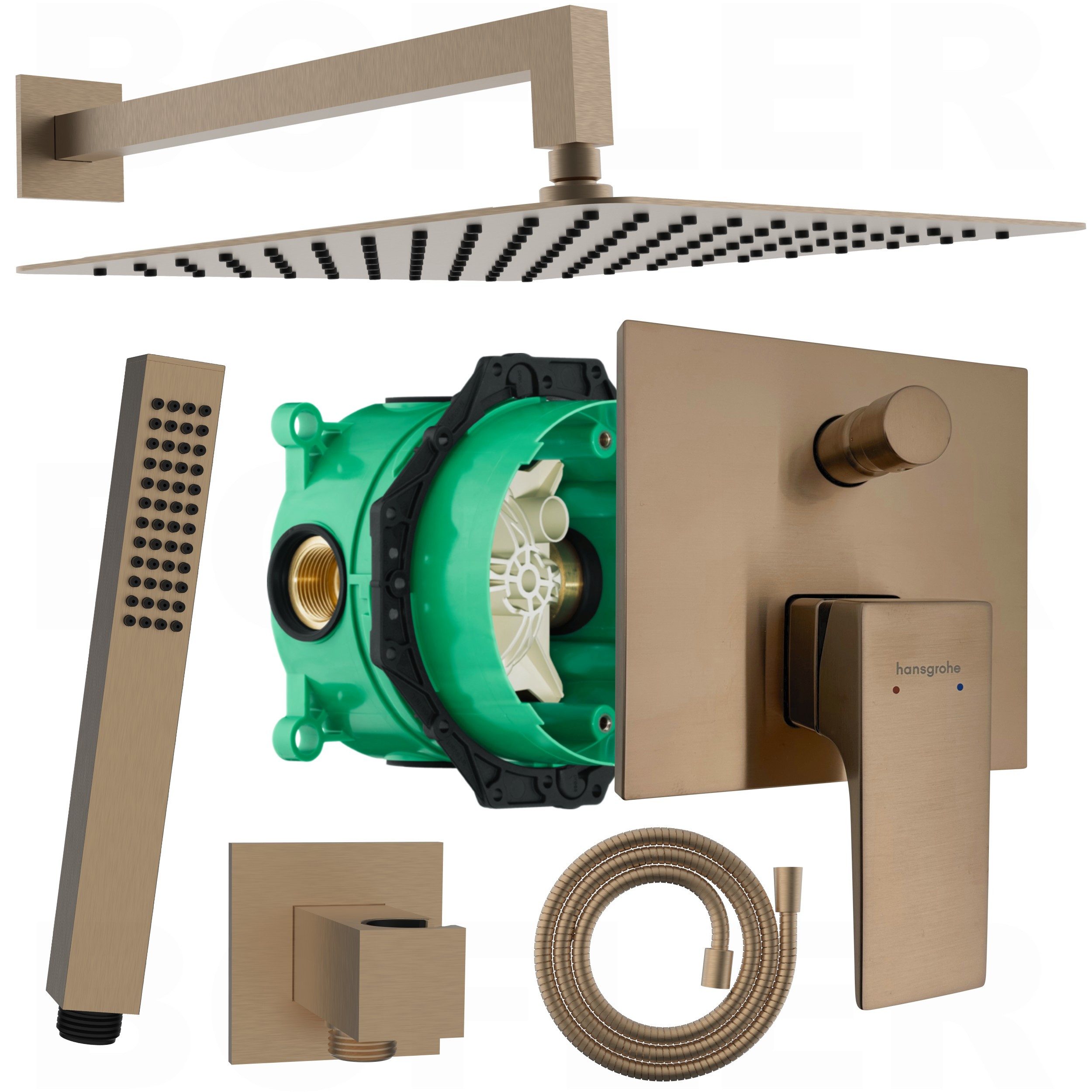 hansgrohe Duscharmatur Metropol Unterputz Mischer für zwei Verbraucher (Unterputz Duschsystem, Duschanlage, Duschset, inkl. BOFLER Brauseset, Regendusche 30x30cm, Wandarm, inkl. IBOX) PVD brushed Bronze