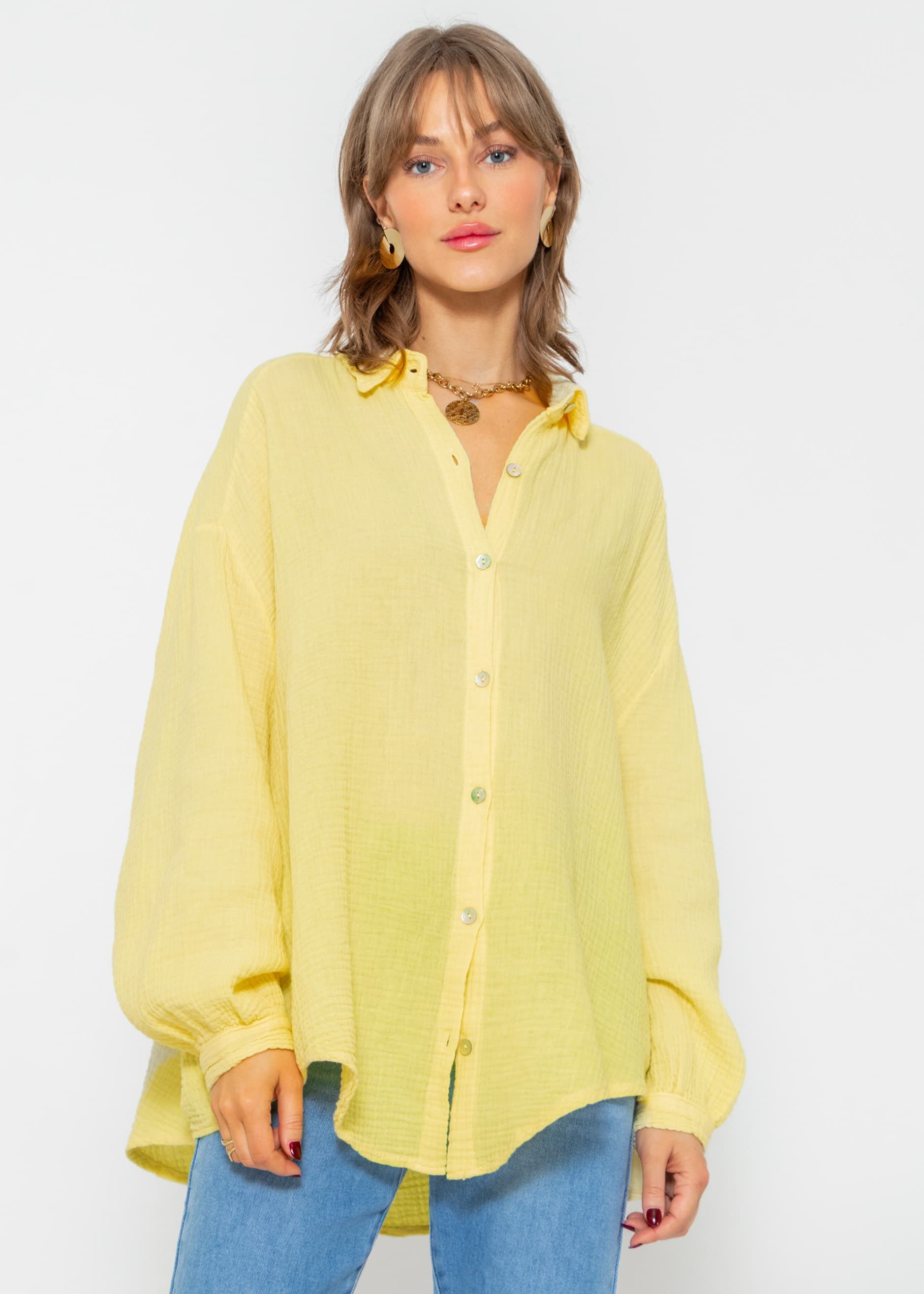SASSYCLASSY Longbluse Oversize Musselin Bluse Damen kurz Langarm Elegant Hemdbluse lang aus Baumwolle mit V-Ausschnitt, One Size (Gr. 36-48)
