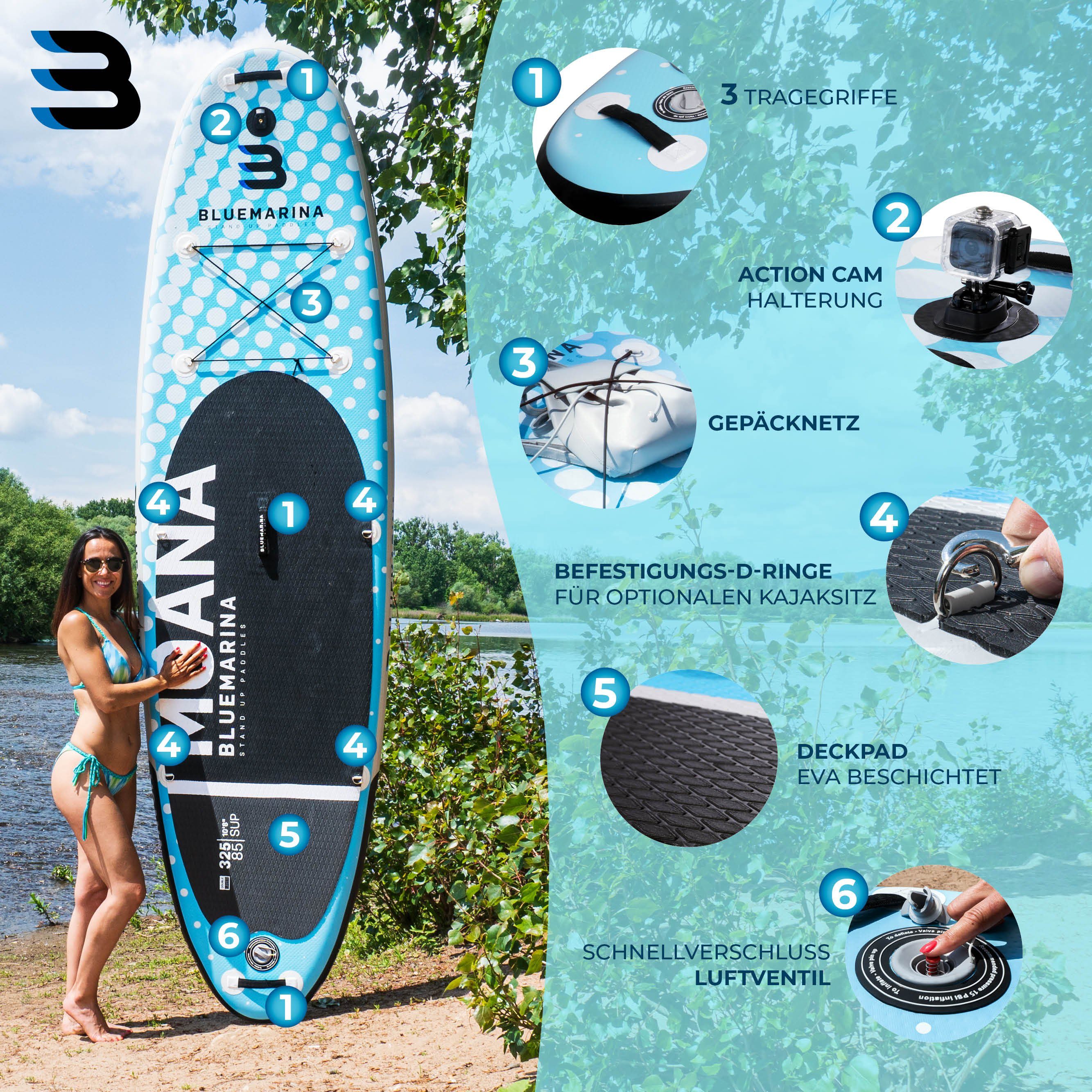 Bluemarina SUP-Board »Aufblasbares Bluemarina SUP Board Moana inkl. 5 J.  Garantie«, (bis 130 kg - Double Layer - 3-Finnen - Action-Cam-Halterung),  Surfbrett - Surfboard - Paddelboard - Stand Up Paddle