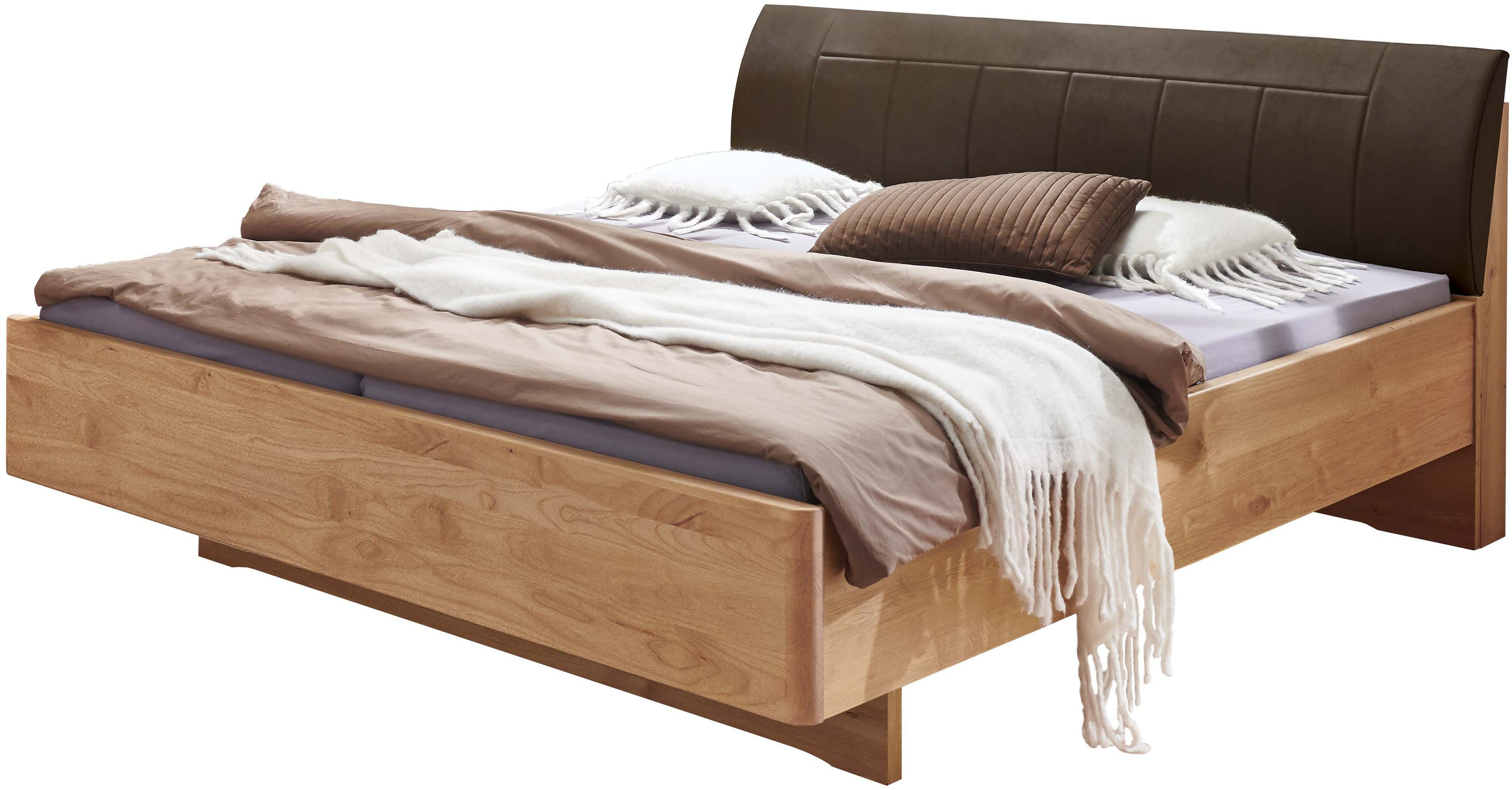 WIEMANN Holzbett Cardiff, Bettgestell, Bettrahmen, teilmassiv, mit Polsterkopfteil (Belastbarkeit 110/220 Kg, 4-fache höhenverstellbar, MADE IN GERMANY), Fußteil aus Massivholz, verschiedene Größen