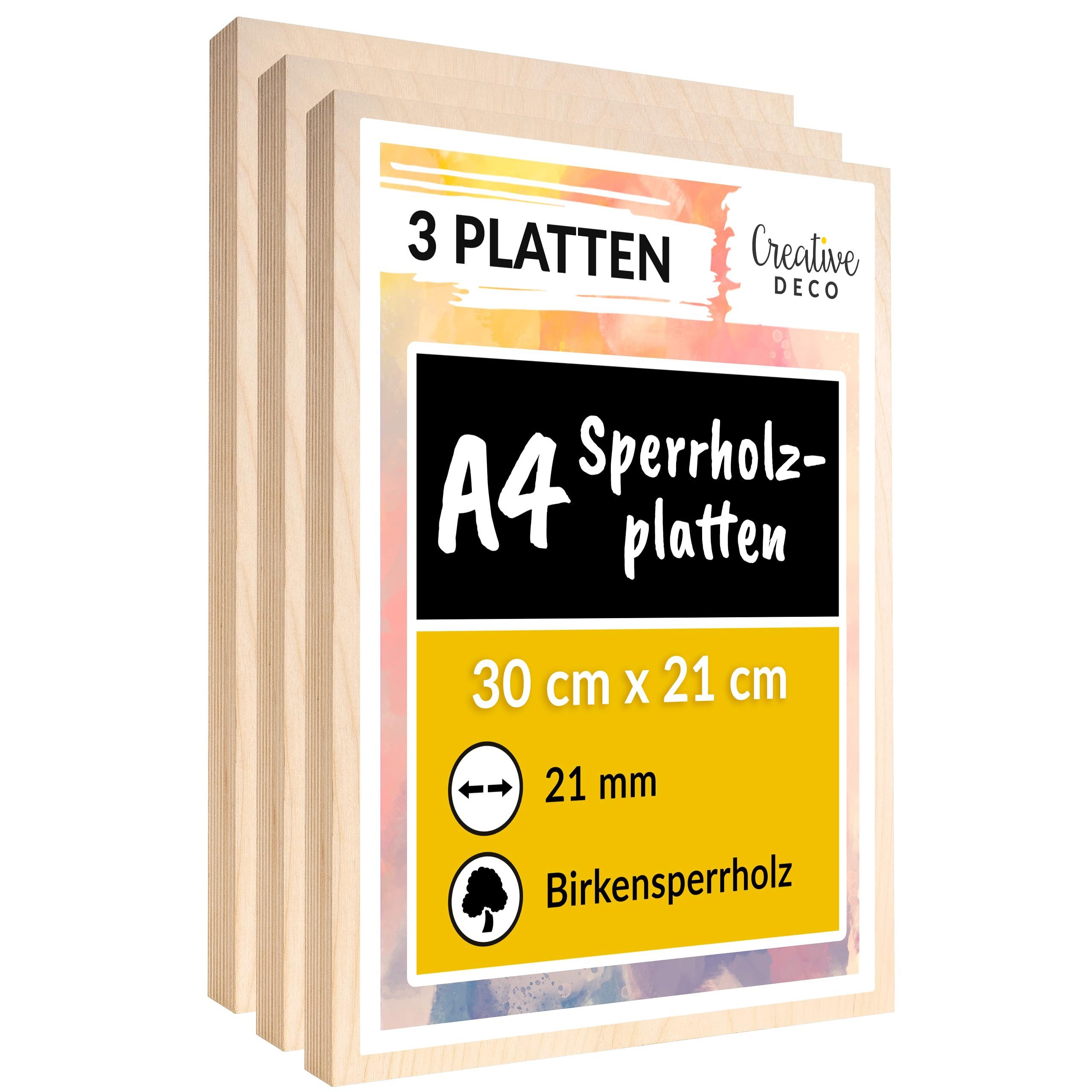 Creative Deco Bastelnaturmaterial A4 Sperrholzplatte 21 mm, 300 x 210 (0,5) mm, Birkensperrholz, (3-tlg)
