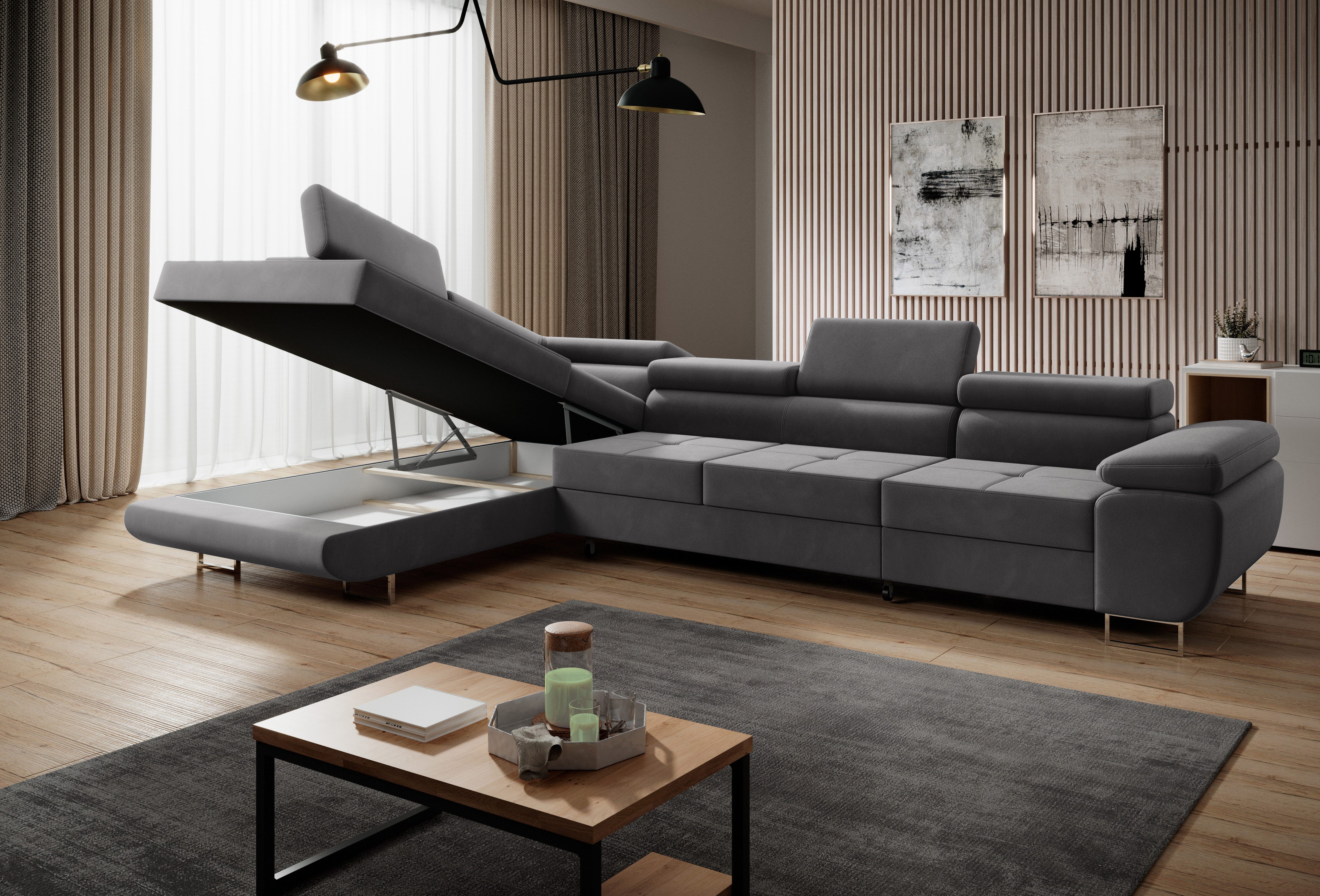 Muffo Ecksofa Wild Maxi mit Schlaffunktion inkl. Montage, L-form Couch mit Bettkasten XL, 6-fach verstellbare Kopfstützen