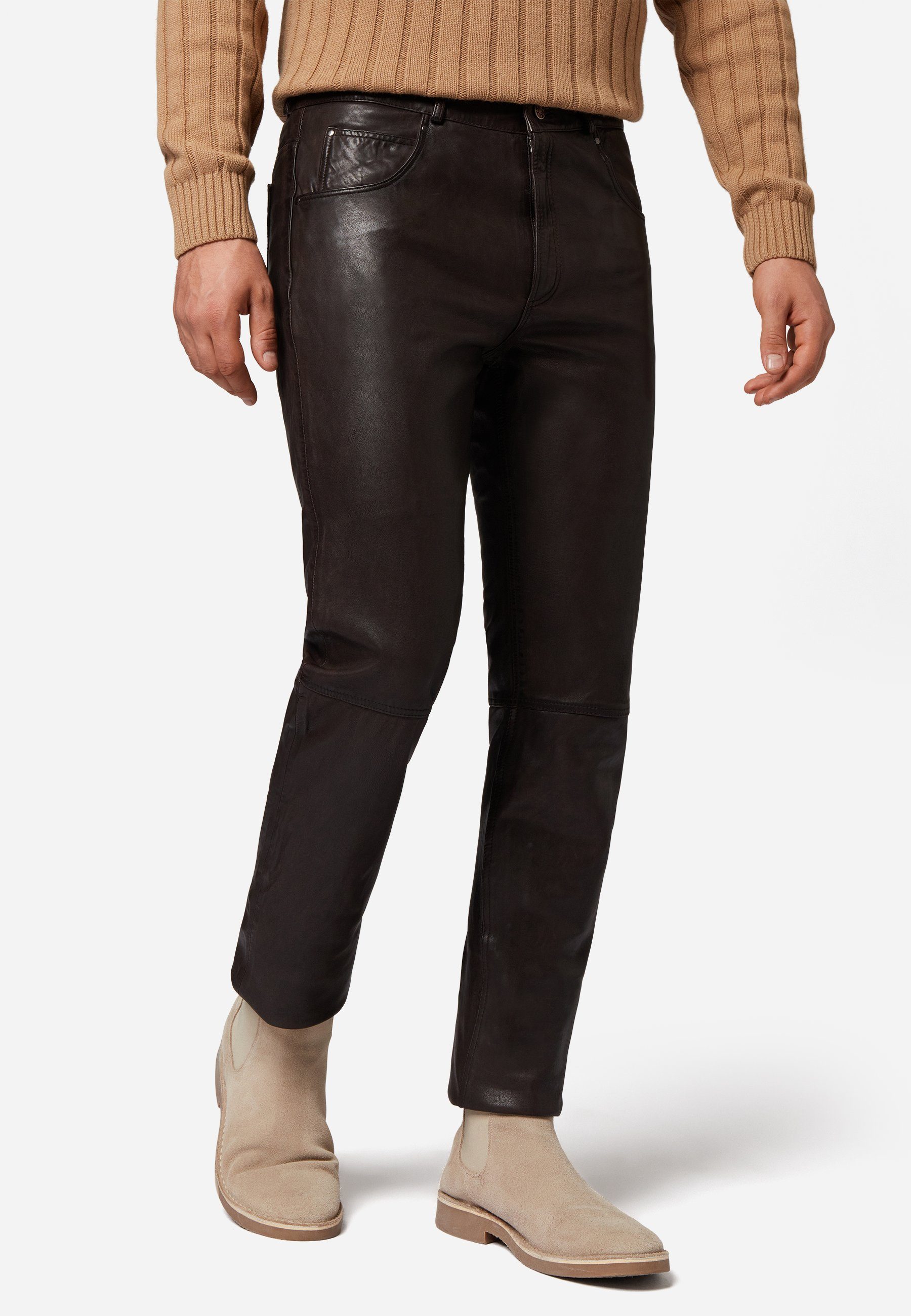 Trant Hochwertiges 5-Pocket Pant Jeans-Optik RICANO Leder; Braun Lamm-Nappa Lederhose