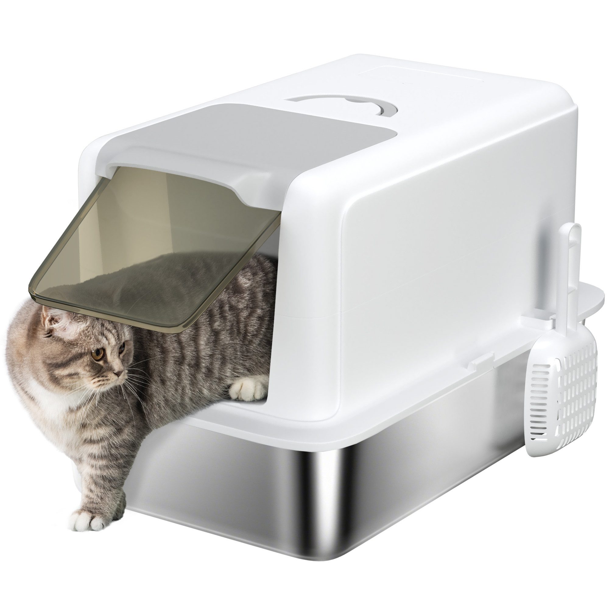PawHut Katzentoilette geschlossenes Katzenklo mit Wanne aus Edelstahl, für Katzen bis 6 kg, Weiß