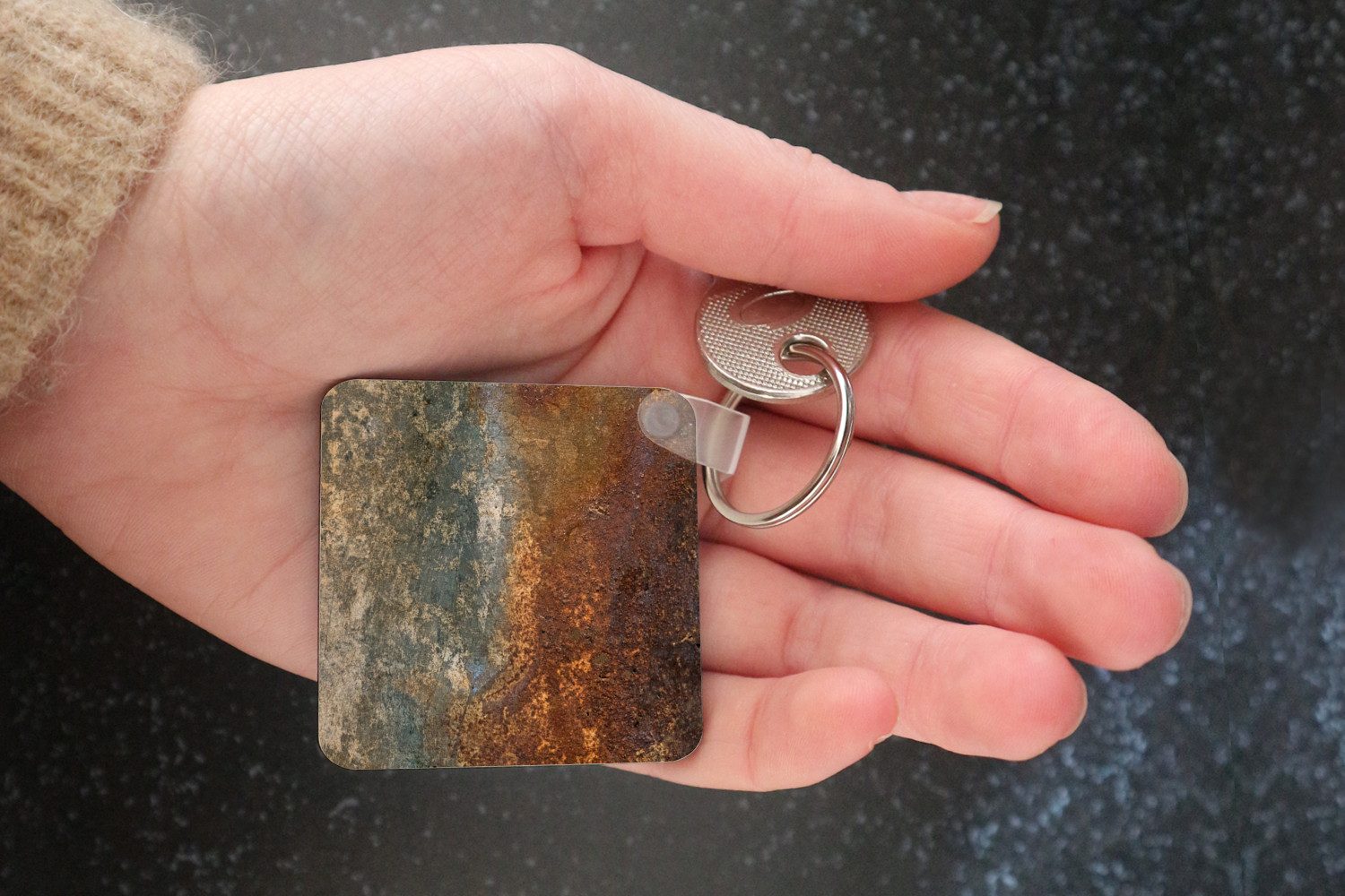 MuchoWow Schlüsselanhänger Stahl - Rost - Alt - Orange - Grau - Muster - Abstrakt, Quadratisch, Accessoire Auto / Haus / Rucksack / Handtasche, 5x5 cm