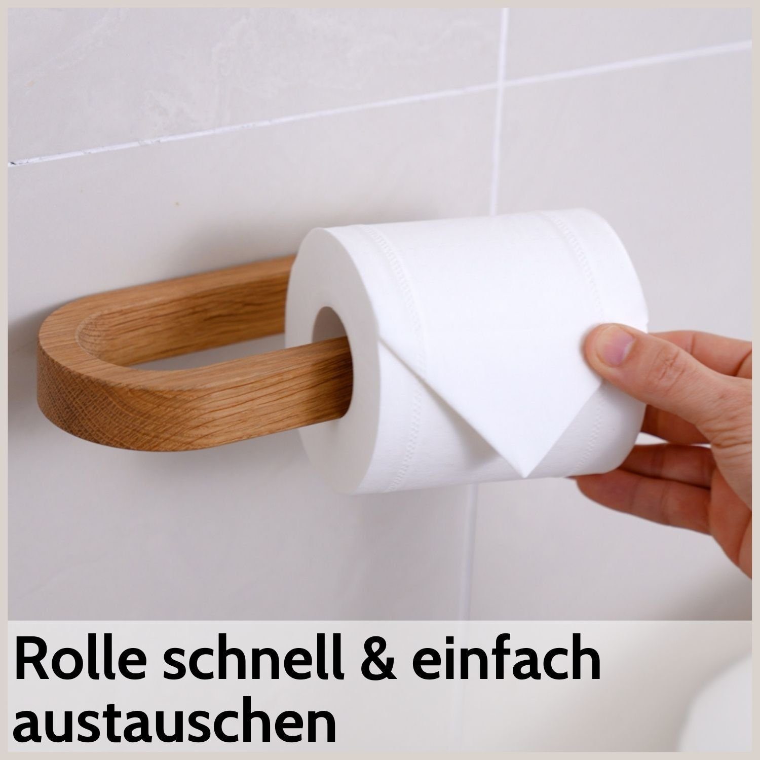 DEKAZIA Toilettenpapierhalter ohne Bohren Selbstklebender Klorollenhalter Holz aus Deutschland (inkl. 2 Klebestreifen, Stilvolles Design für Bad, WC, Gäste Toil – Bild 4 von 5