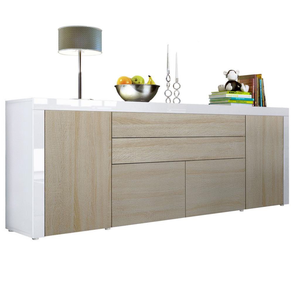 Vladon Sideboard La Paz V2 (Kommode mit 2 Türen, 2 Schubkästen und 2 Klappen, Korpus Weiß matt), Front Eiche sägerau & Weiß Hochglanz (200 x 72 x 35 cm)