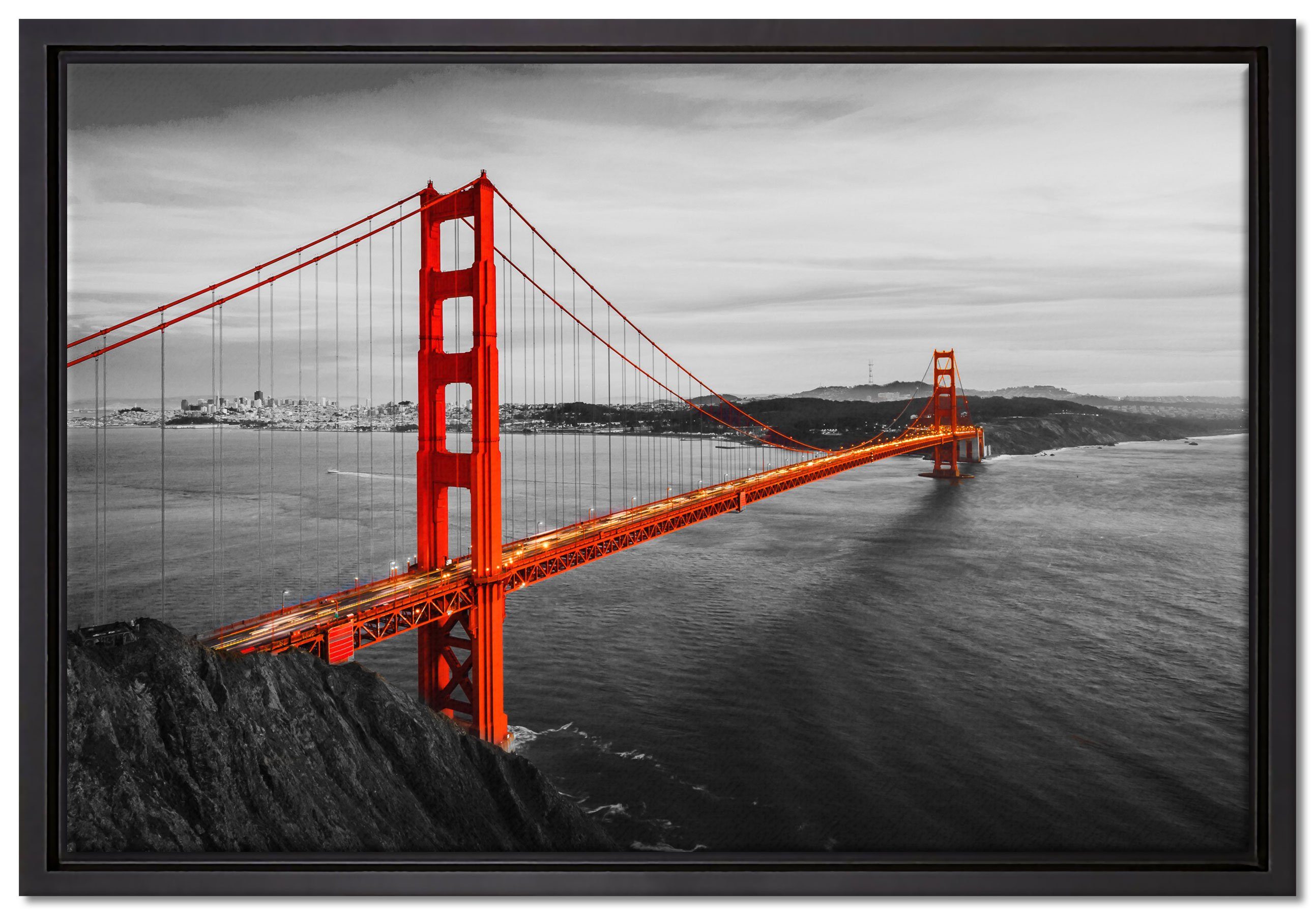 Pixxprint Leinwandbild Golden Gate Bridge bei Sonnenuntergang B&W Detail, Wanddekoration (1 St), Leinwandbild fertig bespannt, in einem Schattenfugen-Bilderrahmen gefasst, inkl. Zackenaufhänger