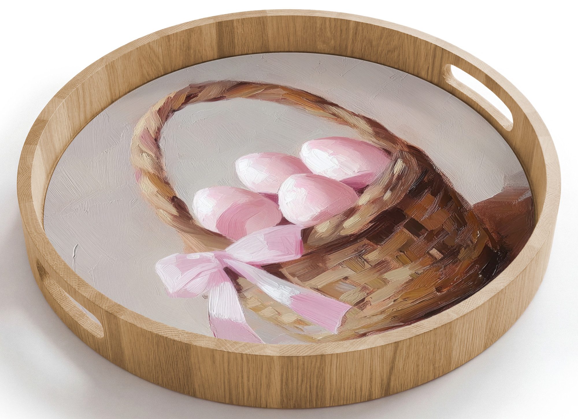 OnlyWow Tablett Rund mit Henkel Korb - Eier - Rosa, Eichenholz, (1-tlg), Siervierplatte, Tray, Frühstücksbrett