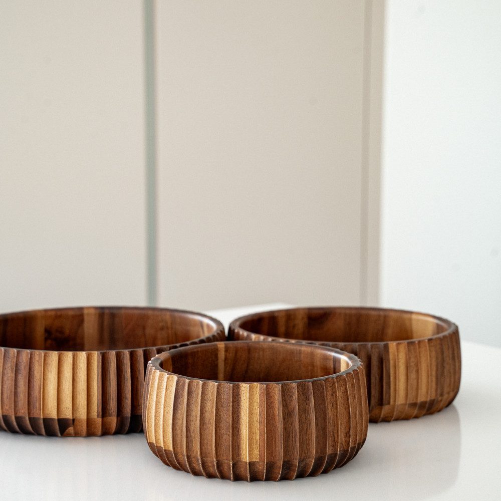 Zoha Servierschale Stripe Schüssel - Handgefertigte Akazienholz Schale für Dips, Snacks, (3-tlg), Handgefertigtes Akazienholz