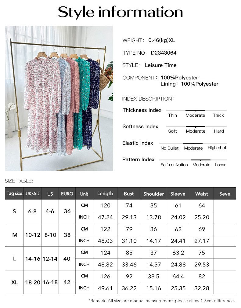 DEBAIJIA Dirndl Langärmeliges Kleid Damen Blumenmuster Rundhalsausschnitt Freizeit