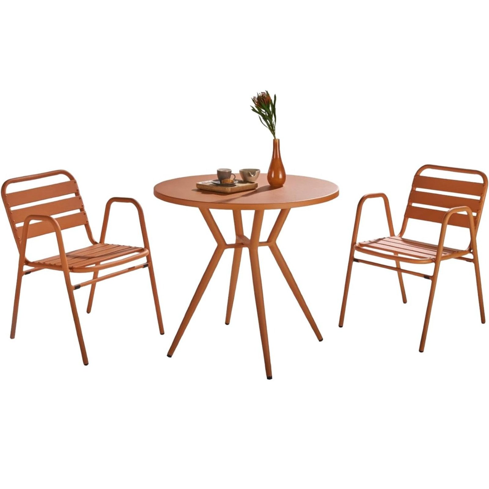 Liadomo Garten-Essgruppe Lesina Bistroset, Balkon-Set, runder Tisch mit 2 Stapelstühlen, (Gartenmöbel-Set, 3-tlg., Bistrotisch Ø 80 cm), Aluminium orange