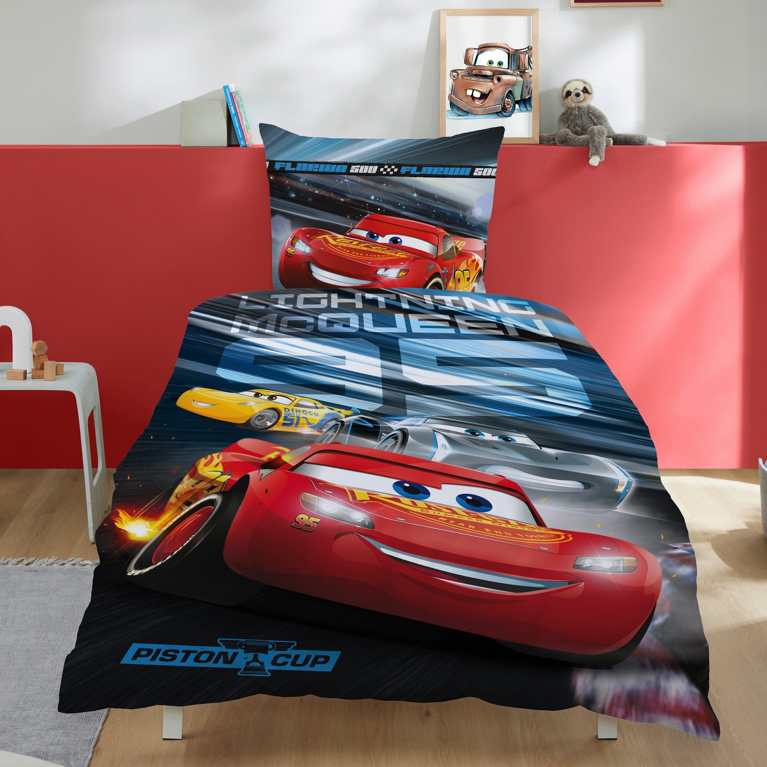 Familando Kinderbettwäsche Disney Cars 135x200 80x80 cm Fleece-Bettwäsche mit Reißverschluss, Microfaser-Flanell, 2 teilig, extra flauschig und weich, mit Wendemotiv